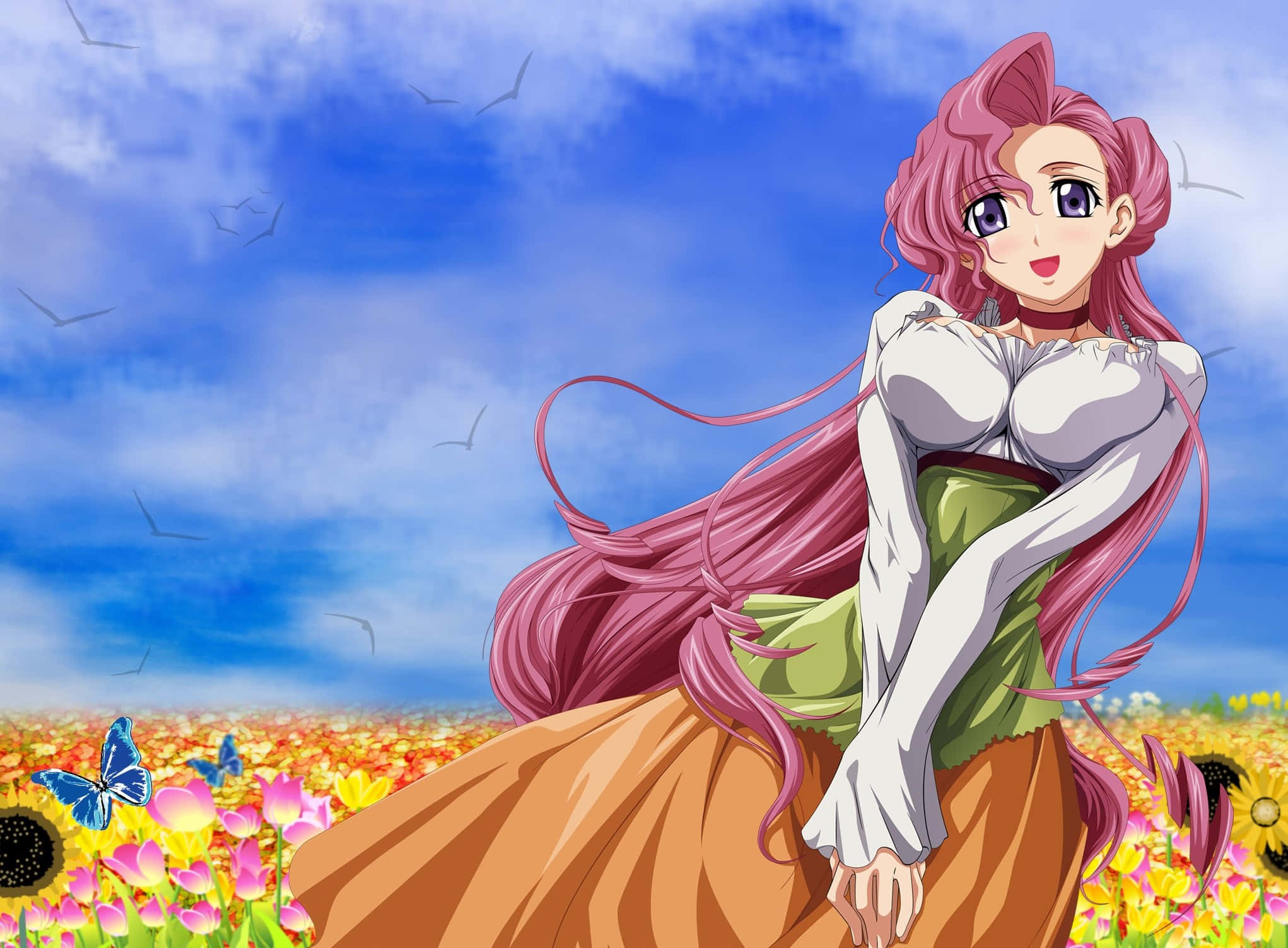 Euphemia Li Britannia, long pink hair, vibrant field of sunflowers and tulips, Full HD Desktop Wallpaper