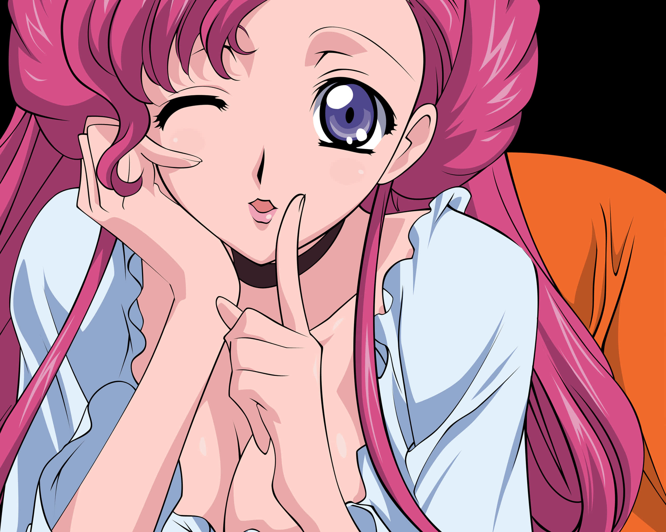 Euphemia Li Britannia, pink hair, one eye closed, 2K Desktop Wallpaper