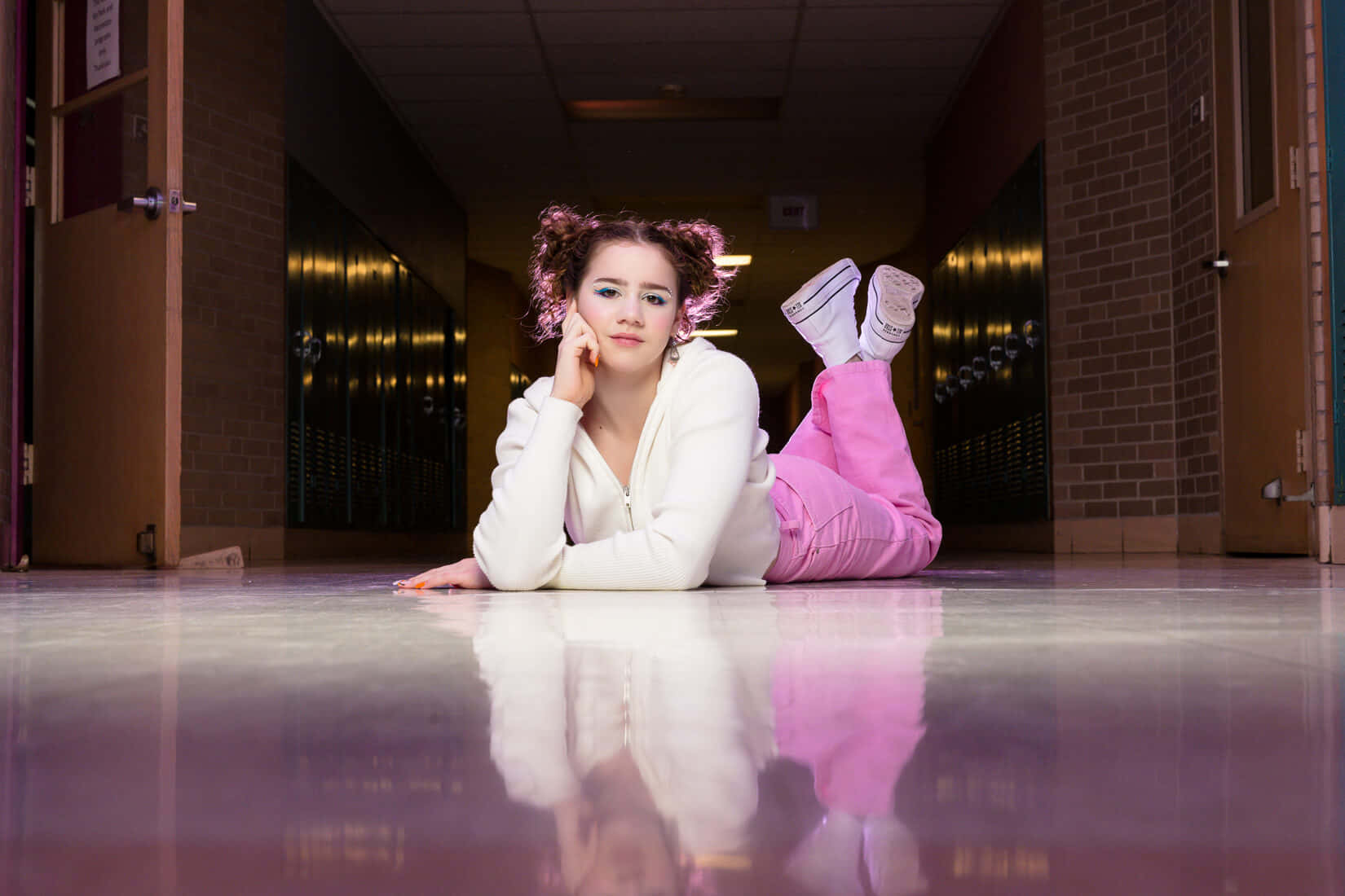 Euphoric School Hallway Fashion, pink curlers, shiny school hallway floor, HD Desktop Wallpaper