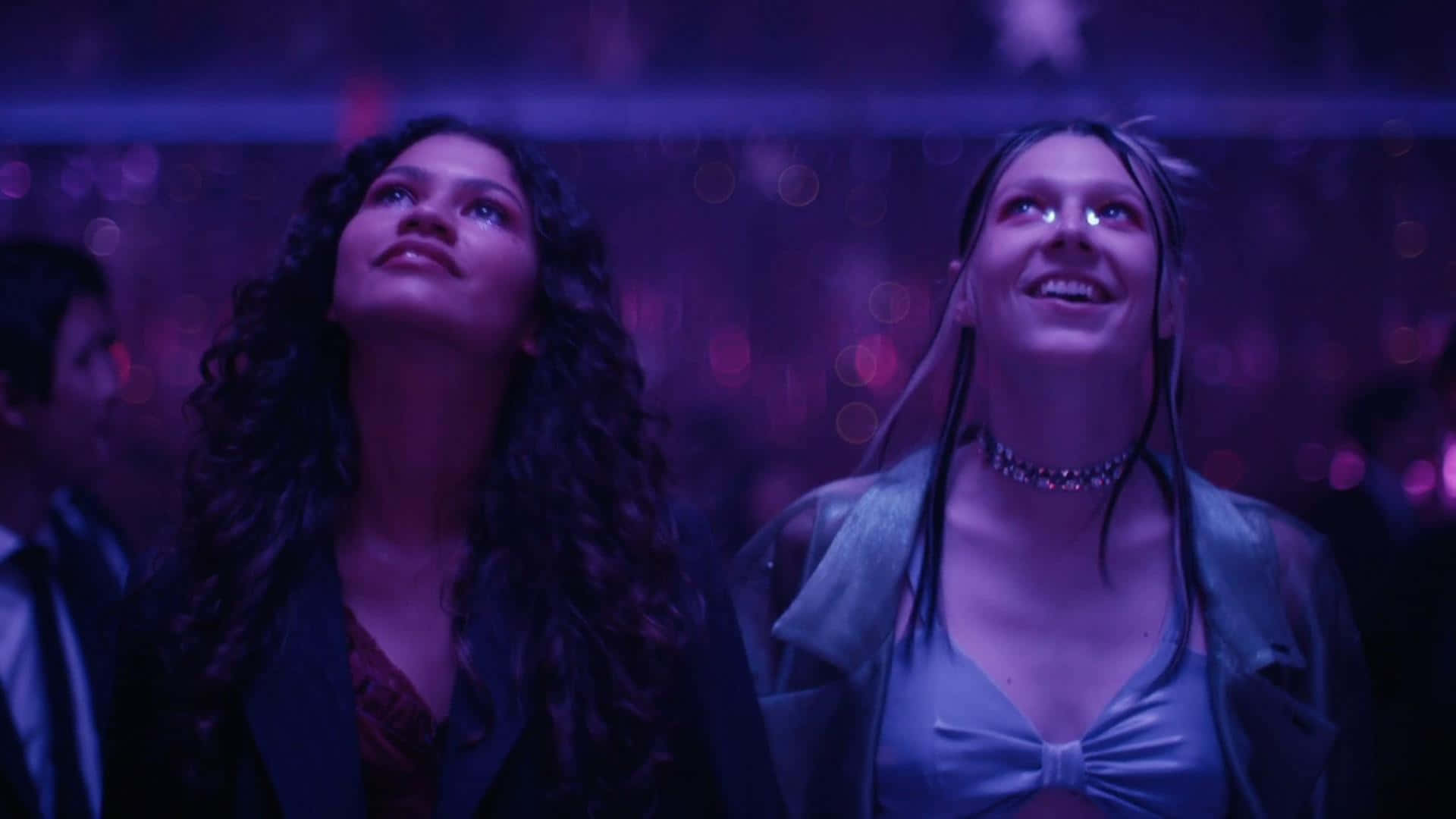 Euphoria Season 2, vibrant purple-lit nightclub, glowing bokeh lights, Full HD Desktop Wallpaper