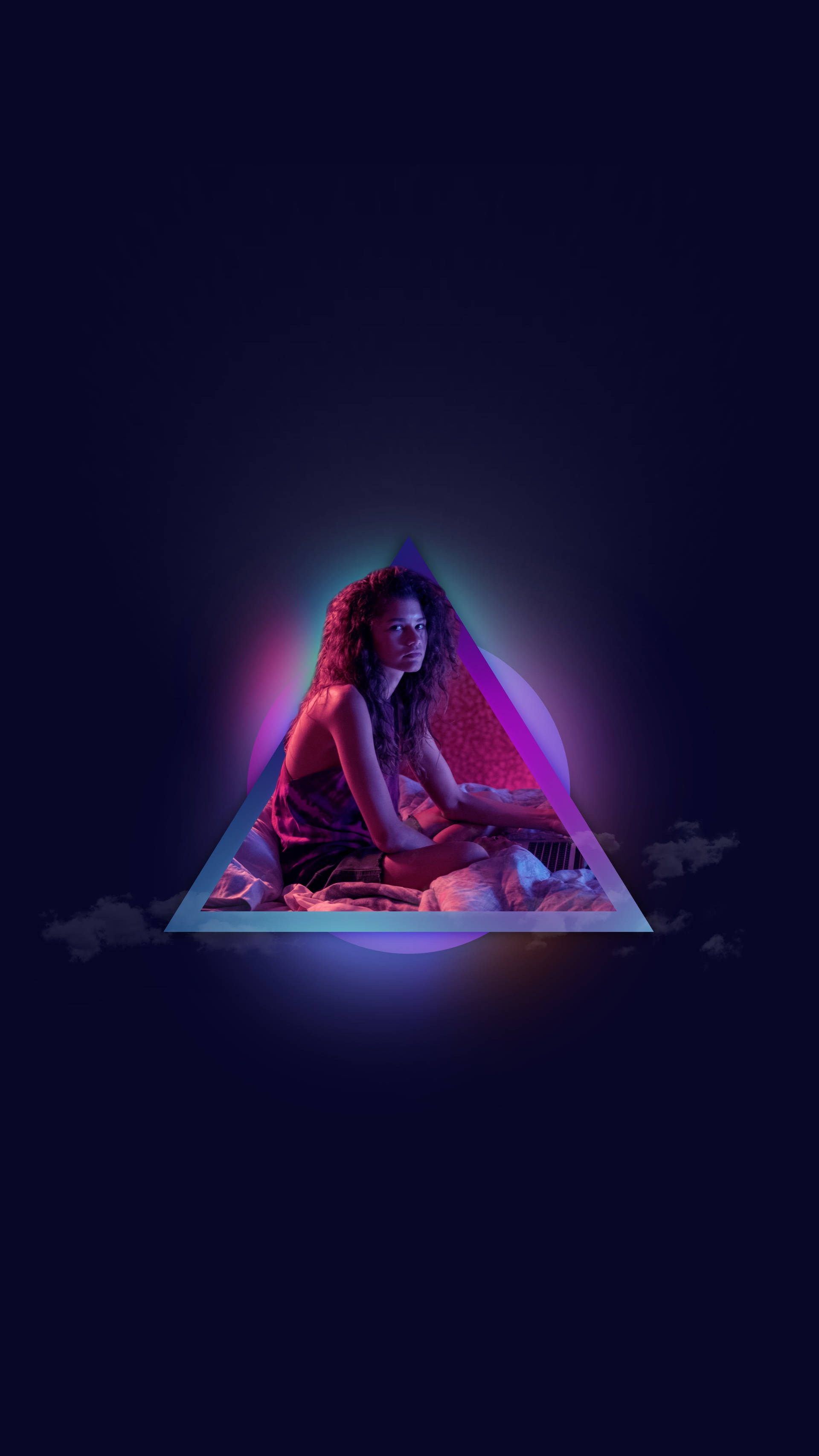 Euphoria, neon triangle, curly hair, 2K Phone Wallpaper