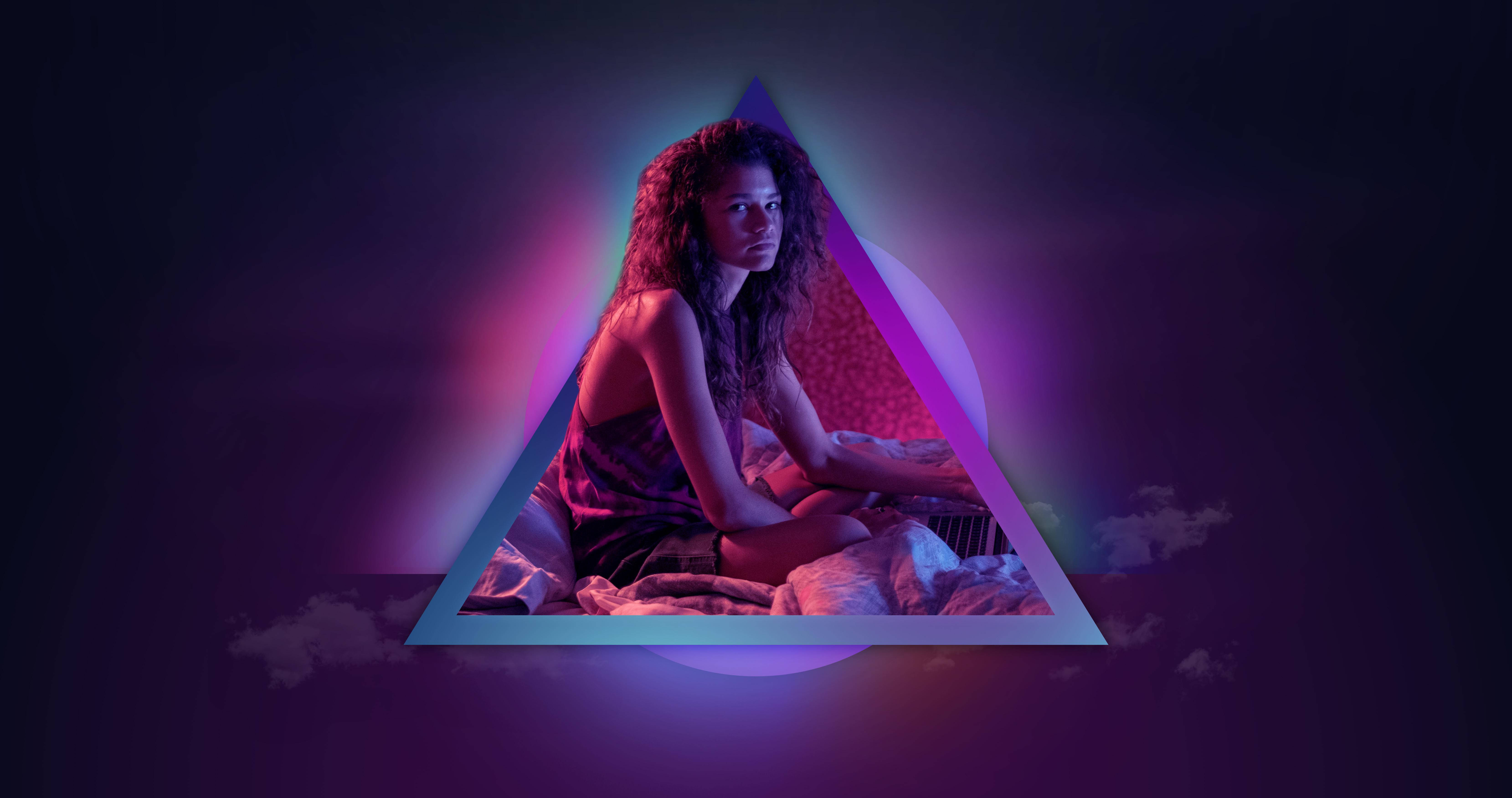 Euphoria, purple triangle, neon triangle, 5K Desktop Wallpaper