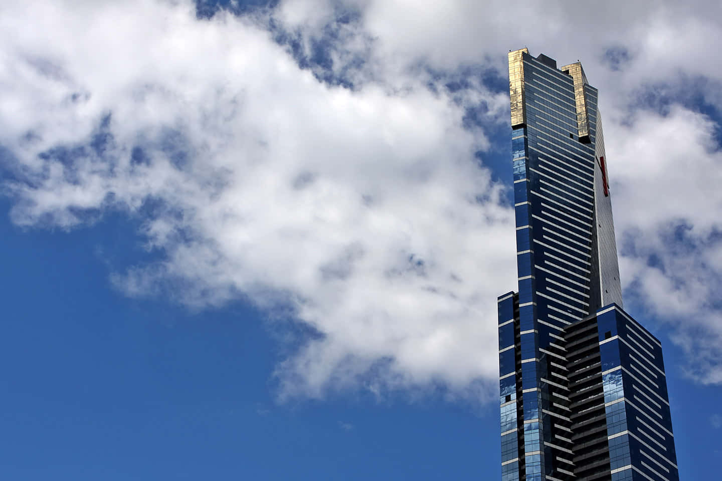 Eureka Tower, blue sky, fluffy white clouds, HD Desktop Wallpaper