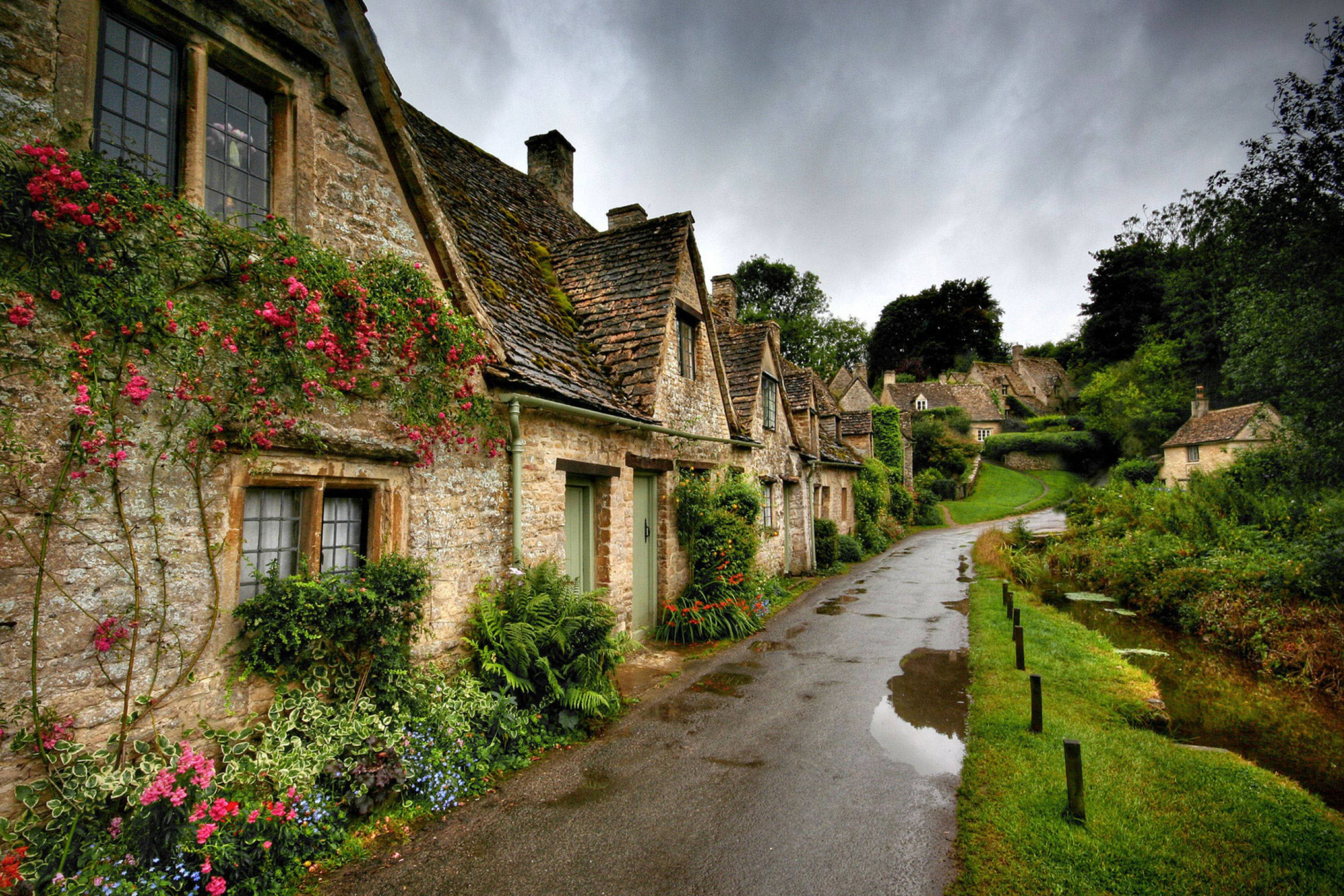 country side europe style houses, cobblestone lane, stone cottages, 2K Desktop Wallpaper