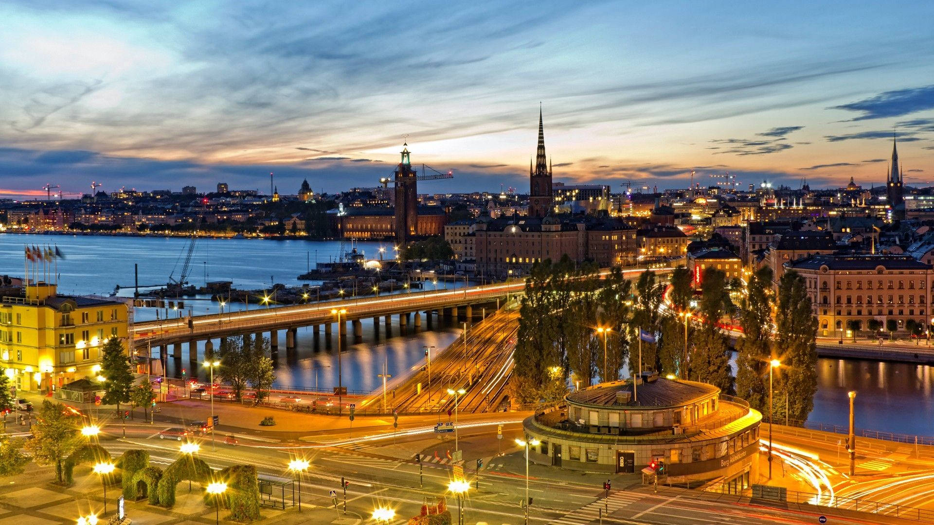 Europe, twilight cityscape, glowing streetlights, Full HD Desktop Wallpaper