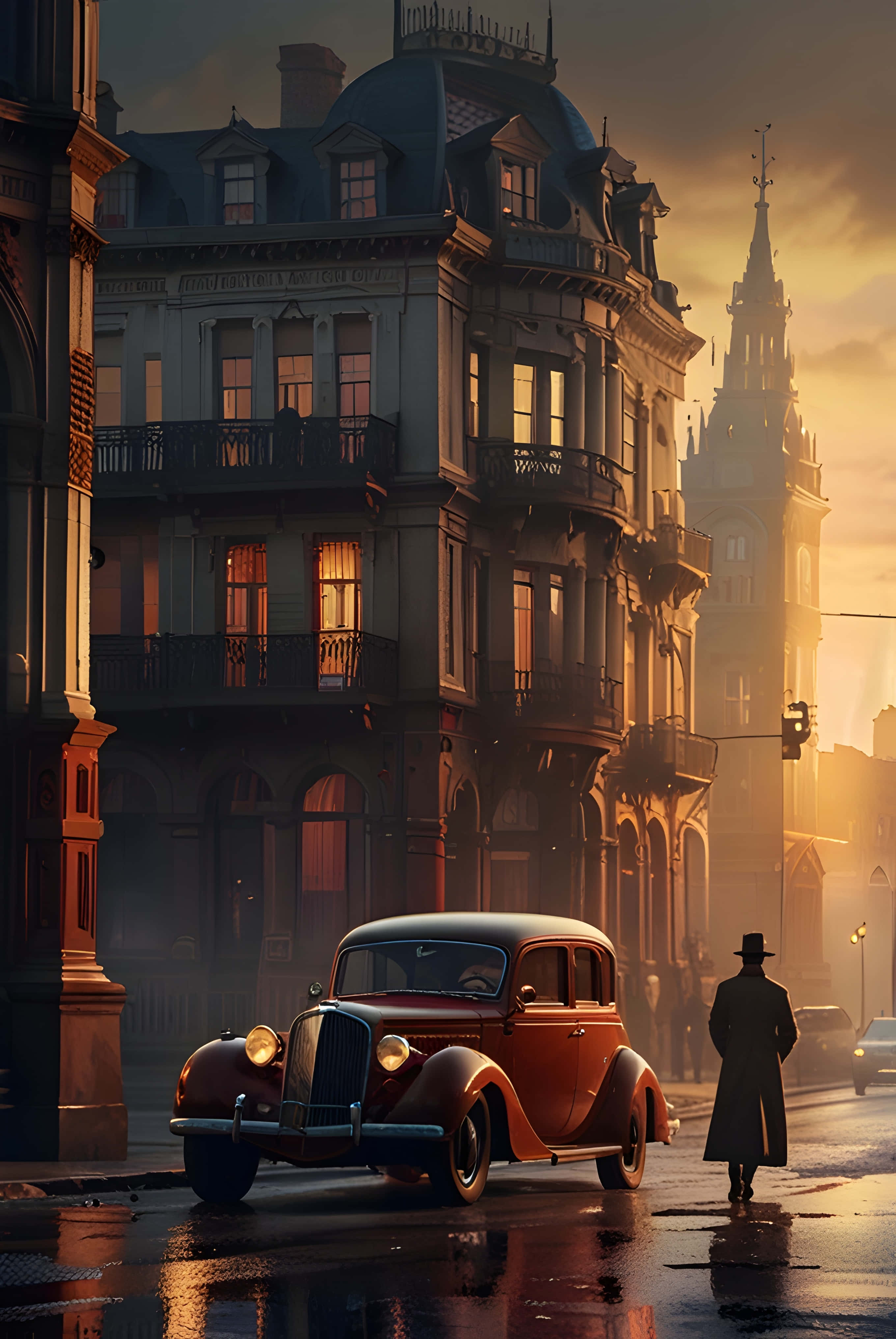 vintage red car, wet city street, man in a trench coat, 4K Phone Wallpaper