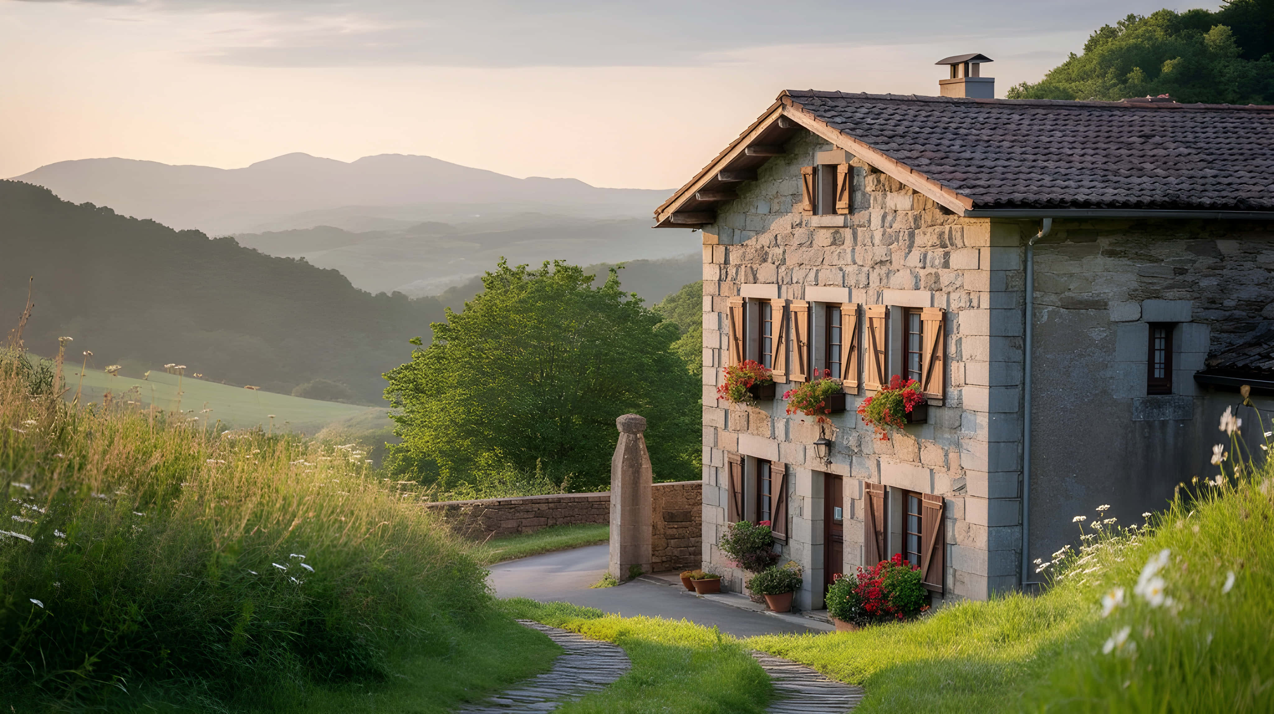 southwest france, stone cottage, wooden shutters, 4K Desktop Wallpaper