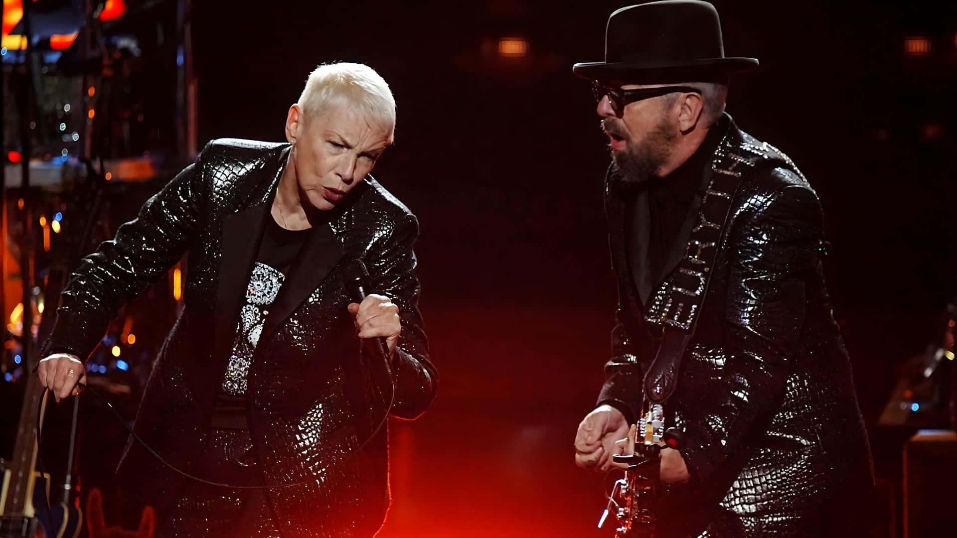 Eurythmics, black sequined jackets, red stage lights, Full HD Desktop Wallpaper