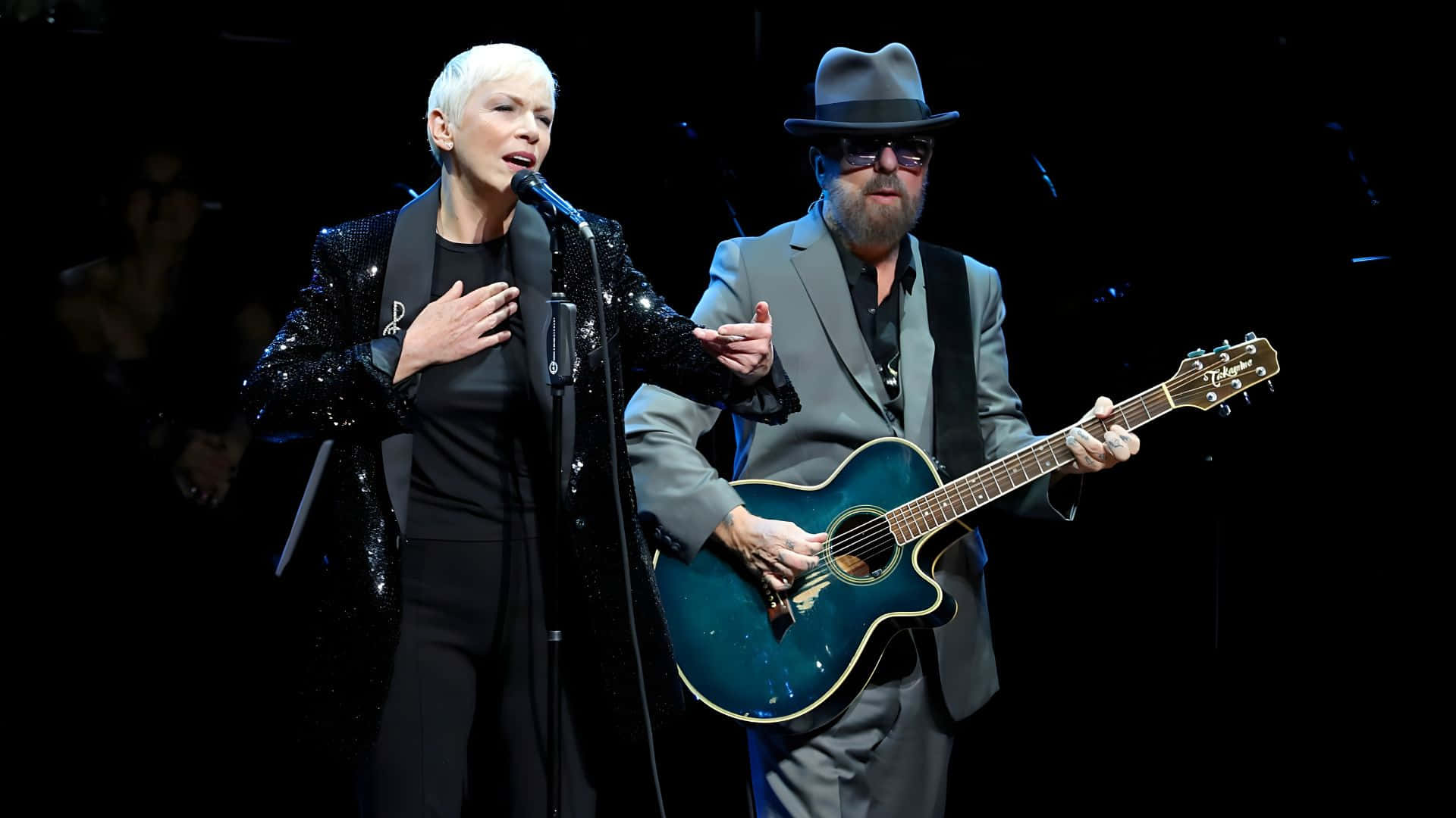 Eurythmics, black sequined jacket, grey suit and hat, Full HD Desktop Wallpaper