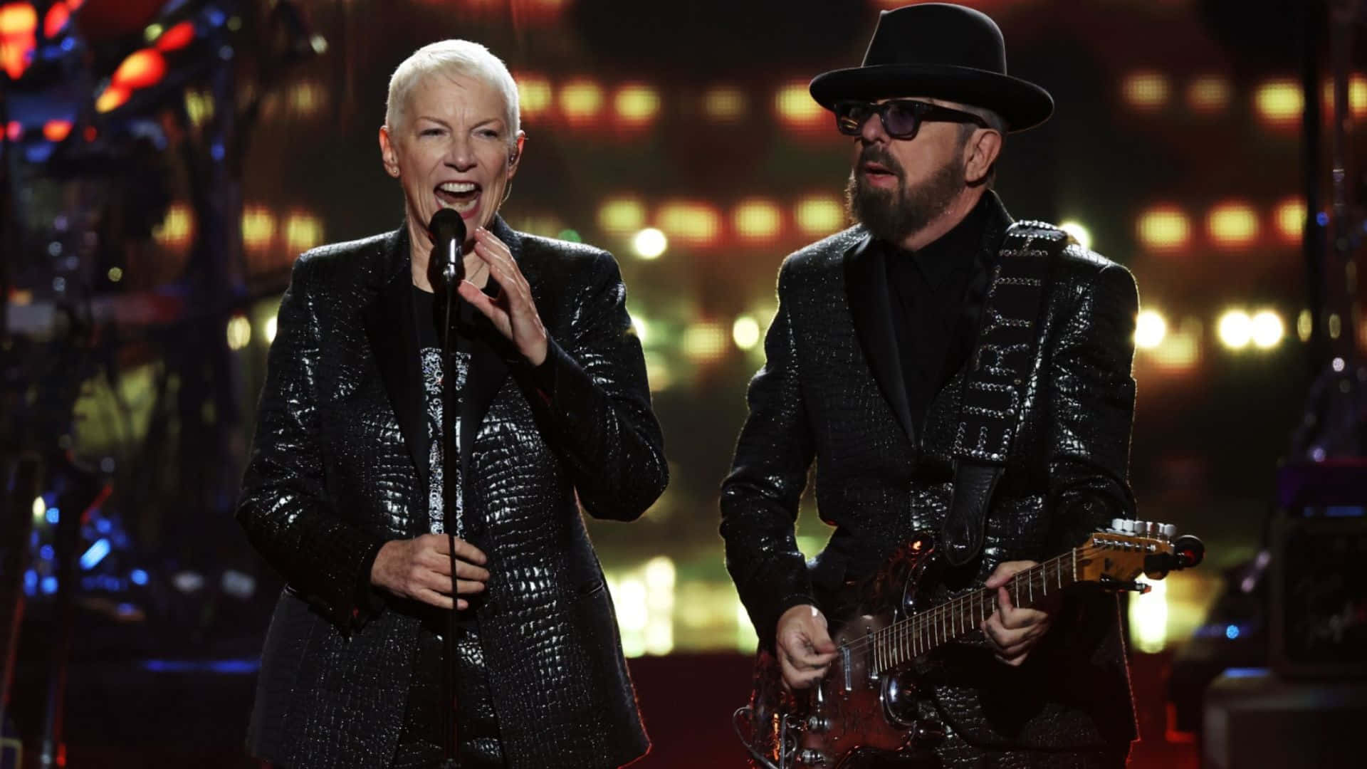 Eurythmics, short white hair, bearded man in a black hat, Full HD Desktop Wallpaper