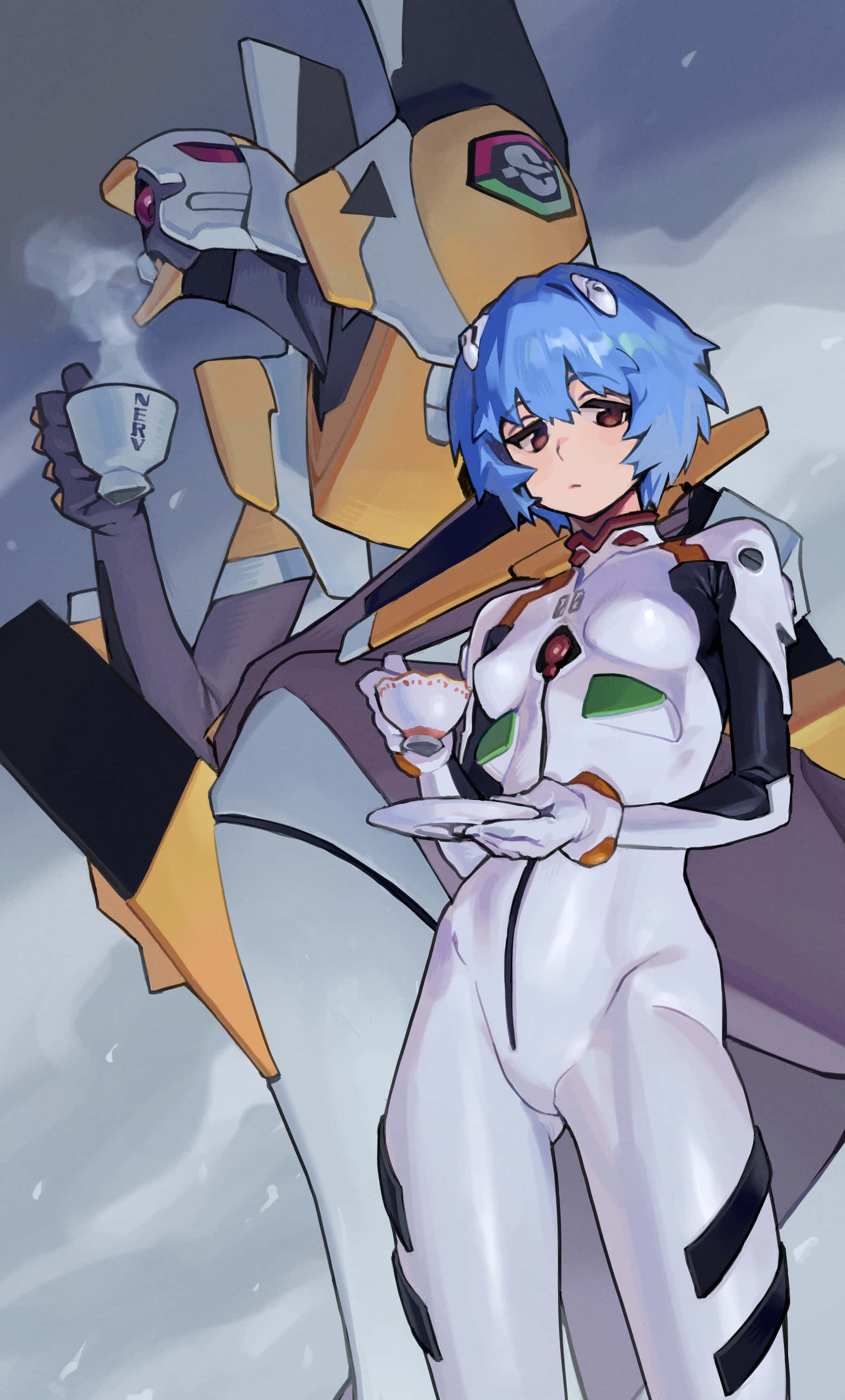 Eva-00, blue-haired anime girl, white plug suit, 2K Phone Wallpaper