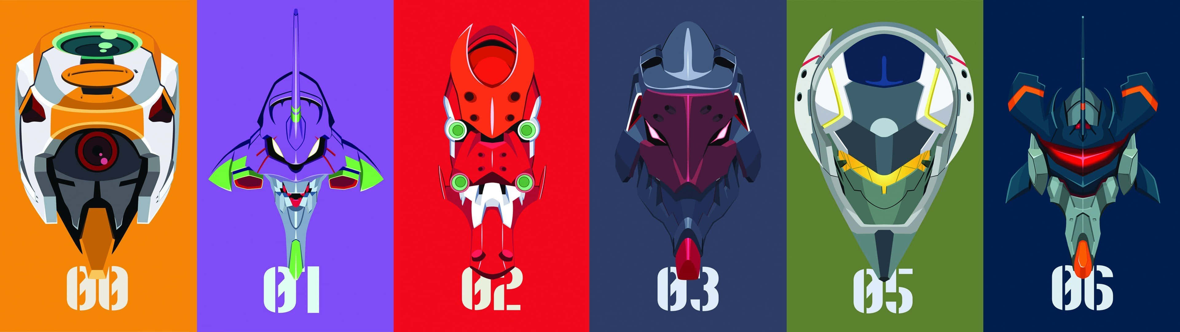 Eva-00, 3840 x 1080, stilized mecha helmets, 4K Desktop Wallpaper