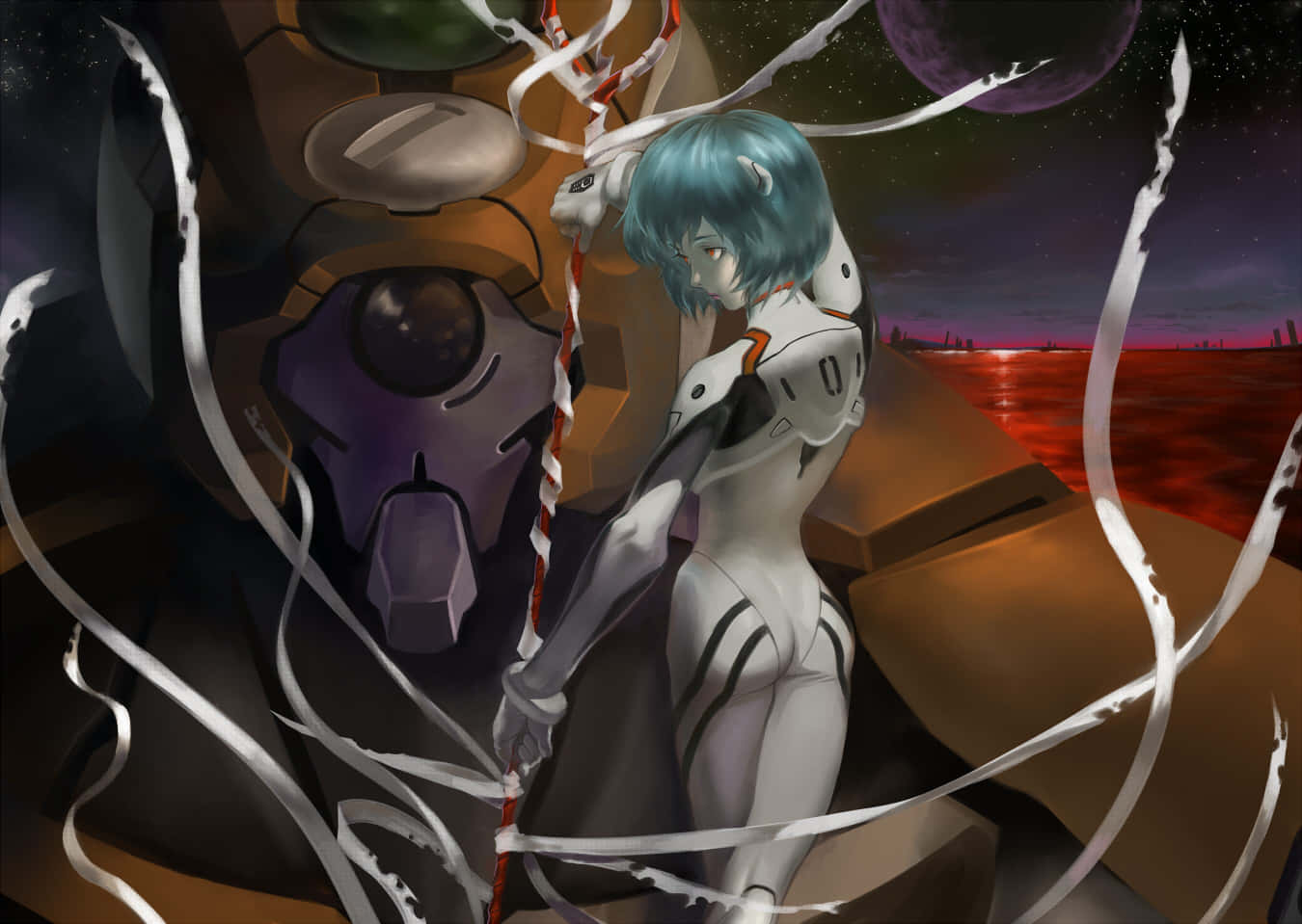 Eva-00, blue-haired anime girl, white suit, HD Desktop Wallpaper