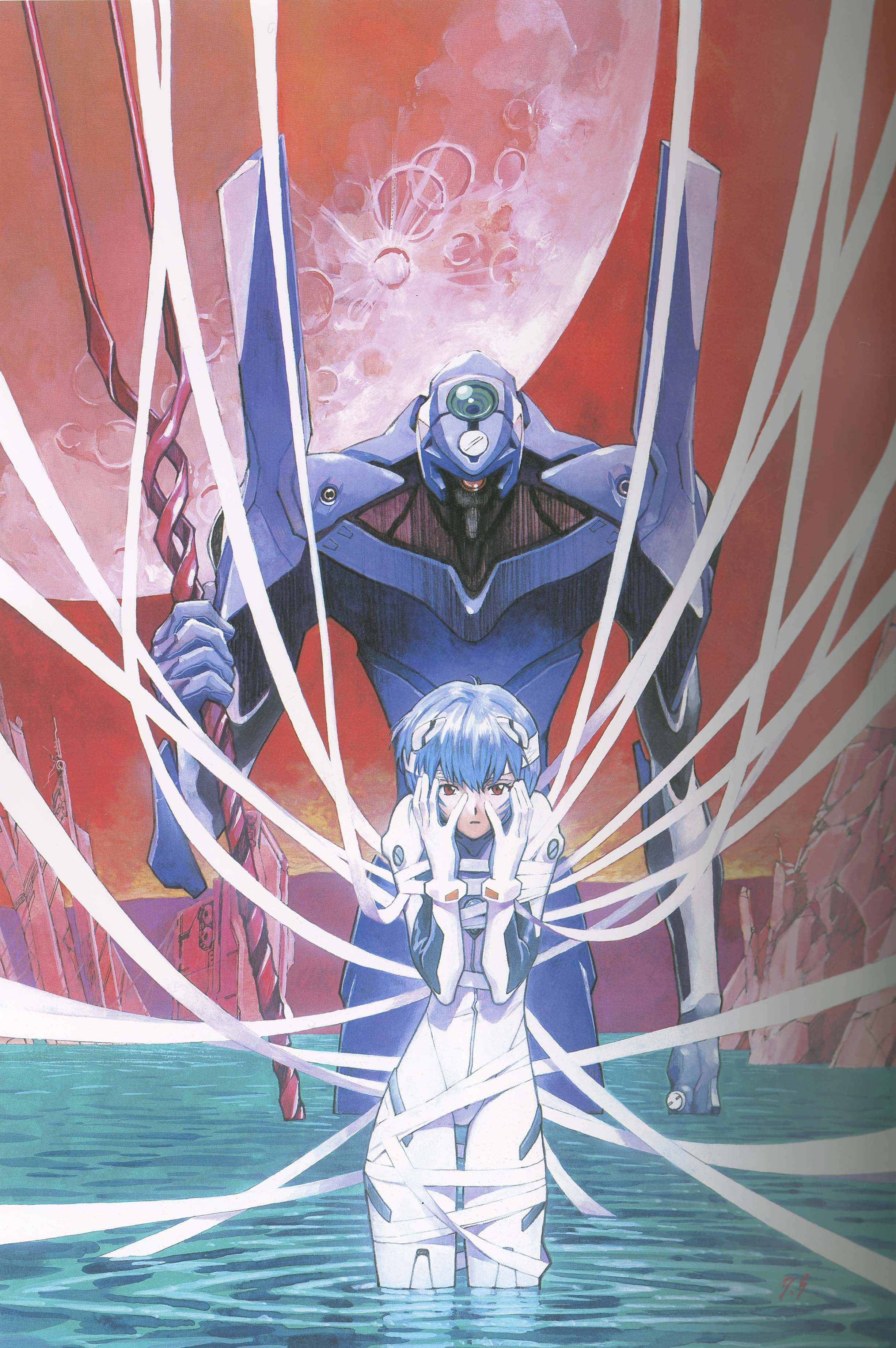 Eva-00, blue-haired anime girl, white outfit, 2K Phone Wallpaper