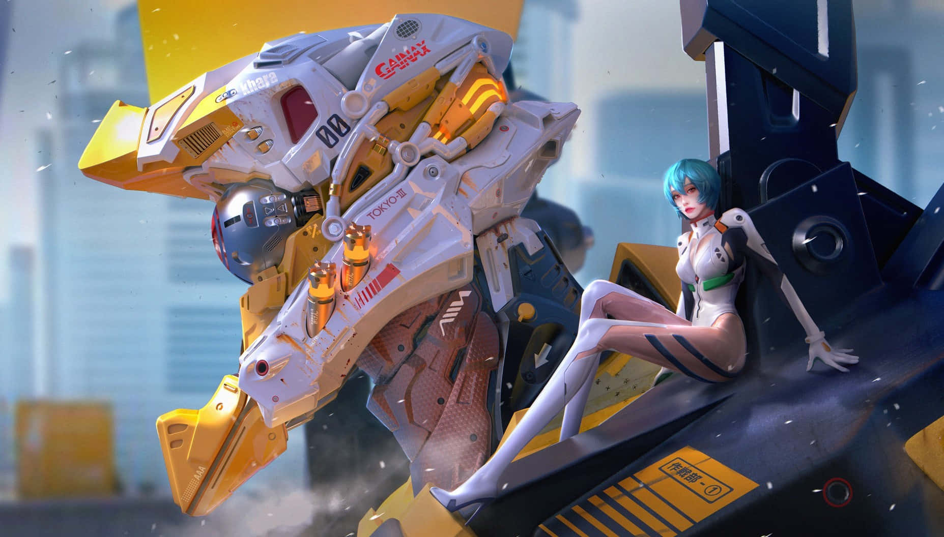Eva-00, teal-haired anime girl, yellow and white biomechanical mech, HD Desktop Wallpaper