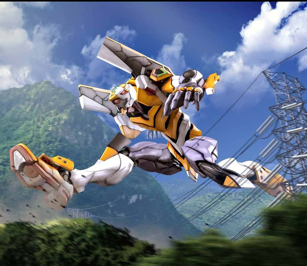 Eva-00, yellow and white, blue sky, SD Desktop Wallpaper