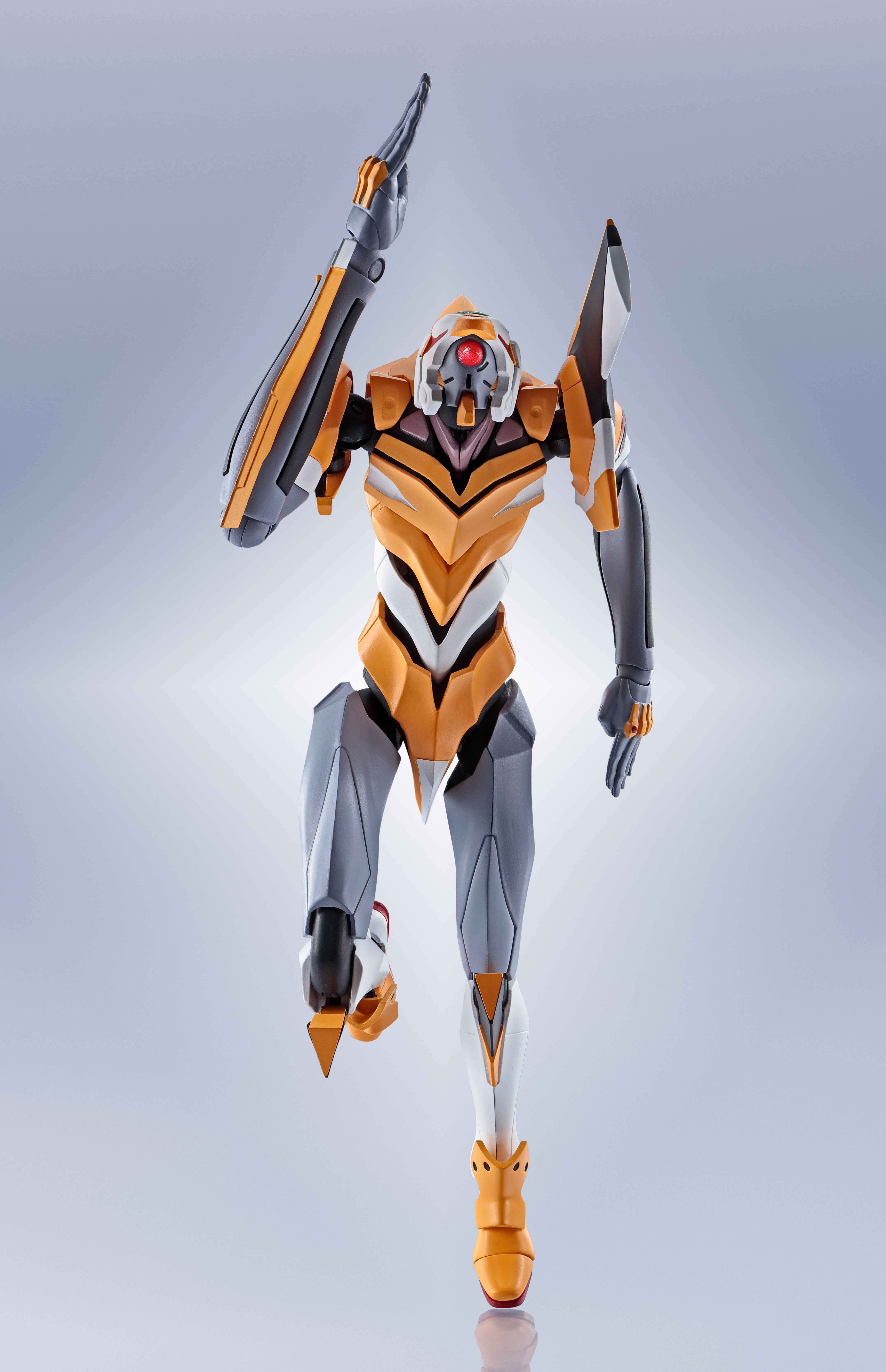 Eva-00, orange and gray mecha suit, glowing red eye, 5K Phone Wallpaper