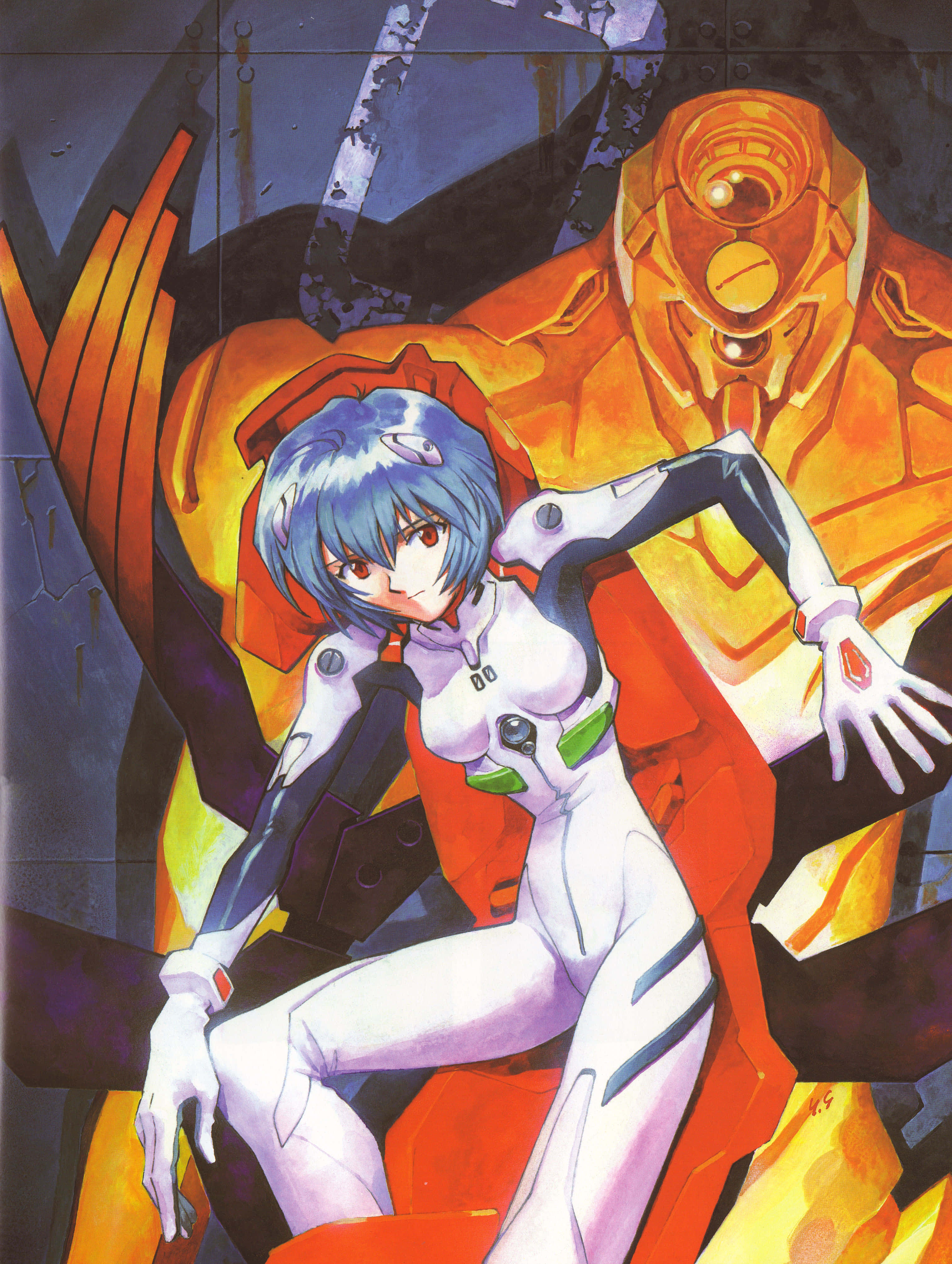 Eva-00, blue-haired anime girl, white and red plug suit, 4K Phone Wallpaper