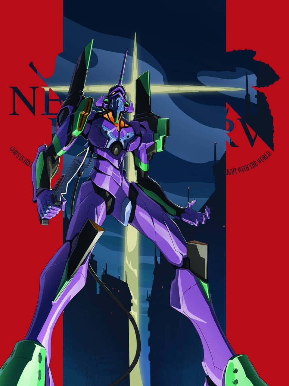 Eva 01, purple and green Evangelion unit, red and dark blue cityscape, HD Phone Wallpaper