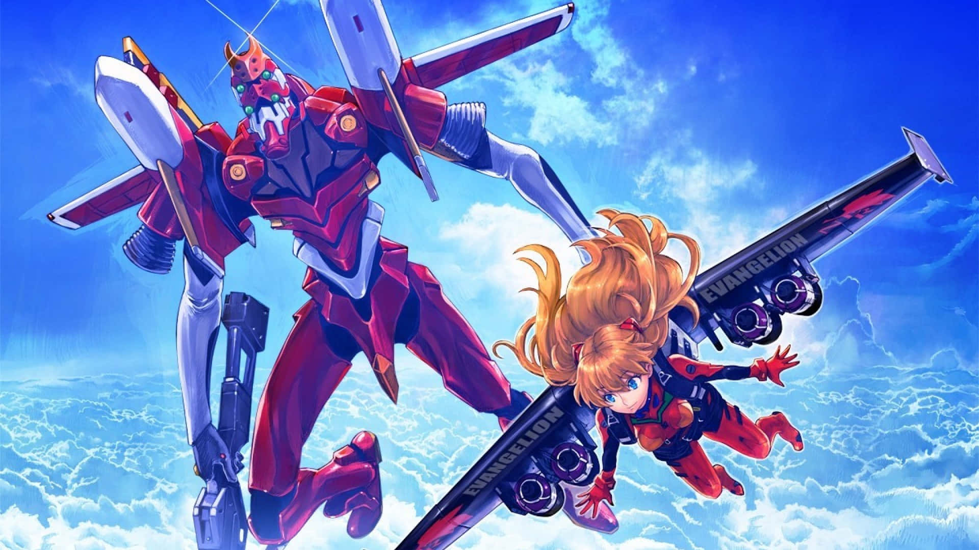 Eva-02, red Evangelion unit, blonde pilot, Full HD Desktop Wallpaper