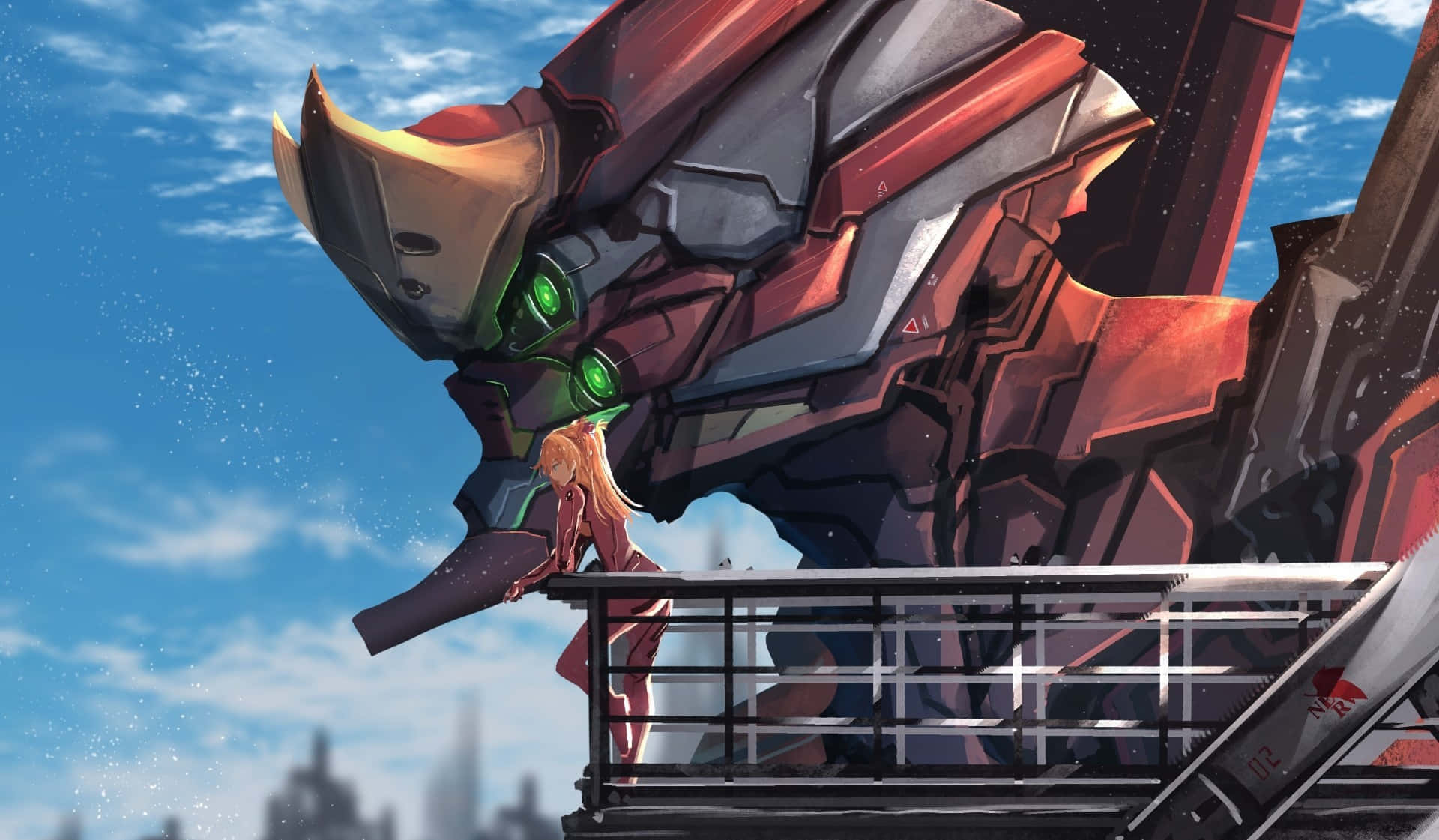 Eva-02, red and silver mech, glowing green eyes, Full HD Desktop Wallpaper