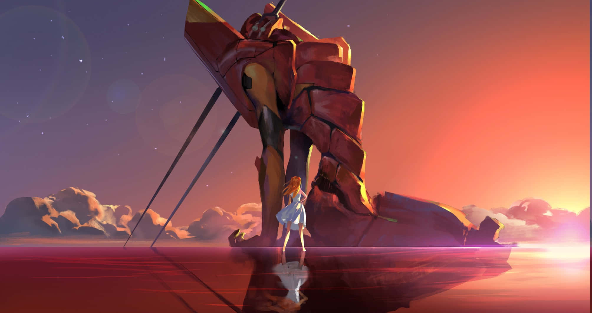 Eva-02, blue dress, colossal red mecha, Full HD Desktop Wallpaper