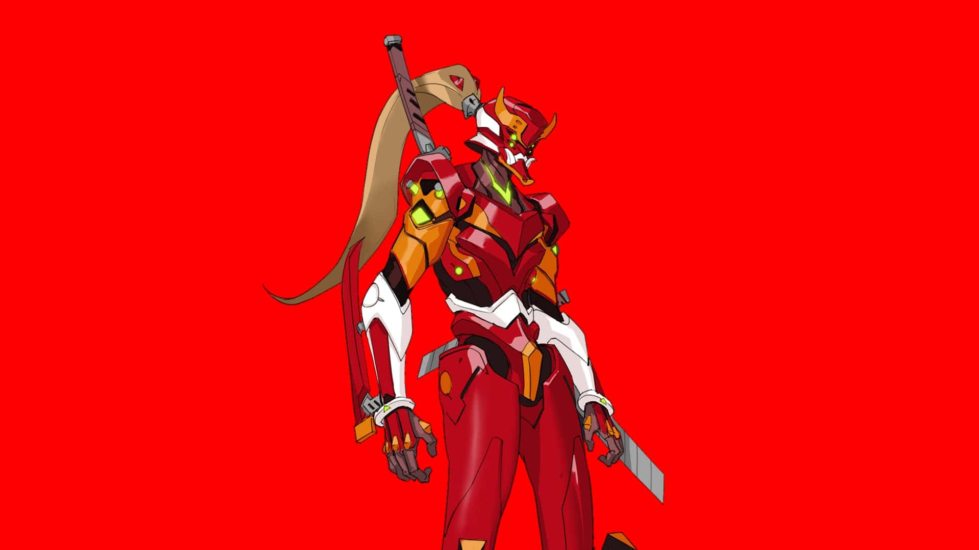 Eva-02, red and white armored anime warrior, long ponytail, Full HD Desktop Wallpaper