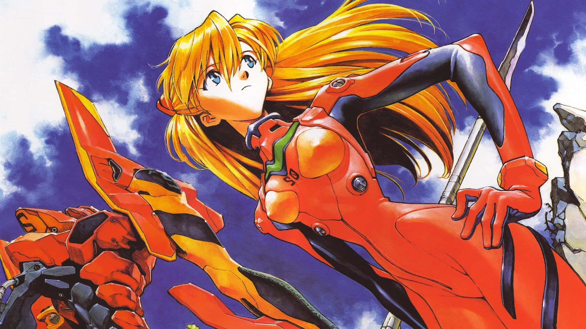 Eva-02, blonde anime girl, red plug suit, Full HD Desktop Wallpaper