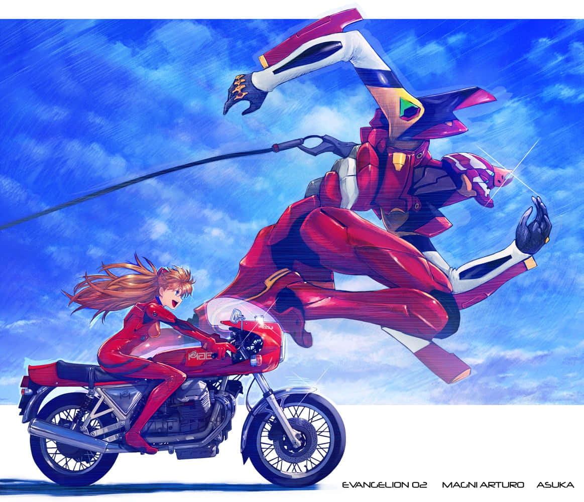 Eva-02, red-haired anime girl, red motorcycle, SD Desktop Wallpaper