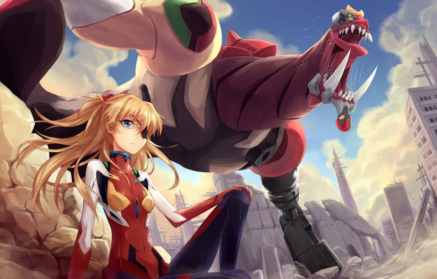 Eva-02, red and white suit, giant red biomechanical monster, HD Desktop Wallpaper