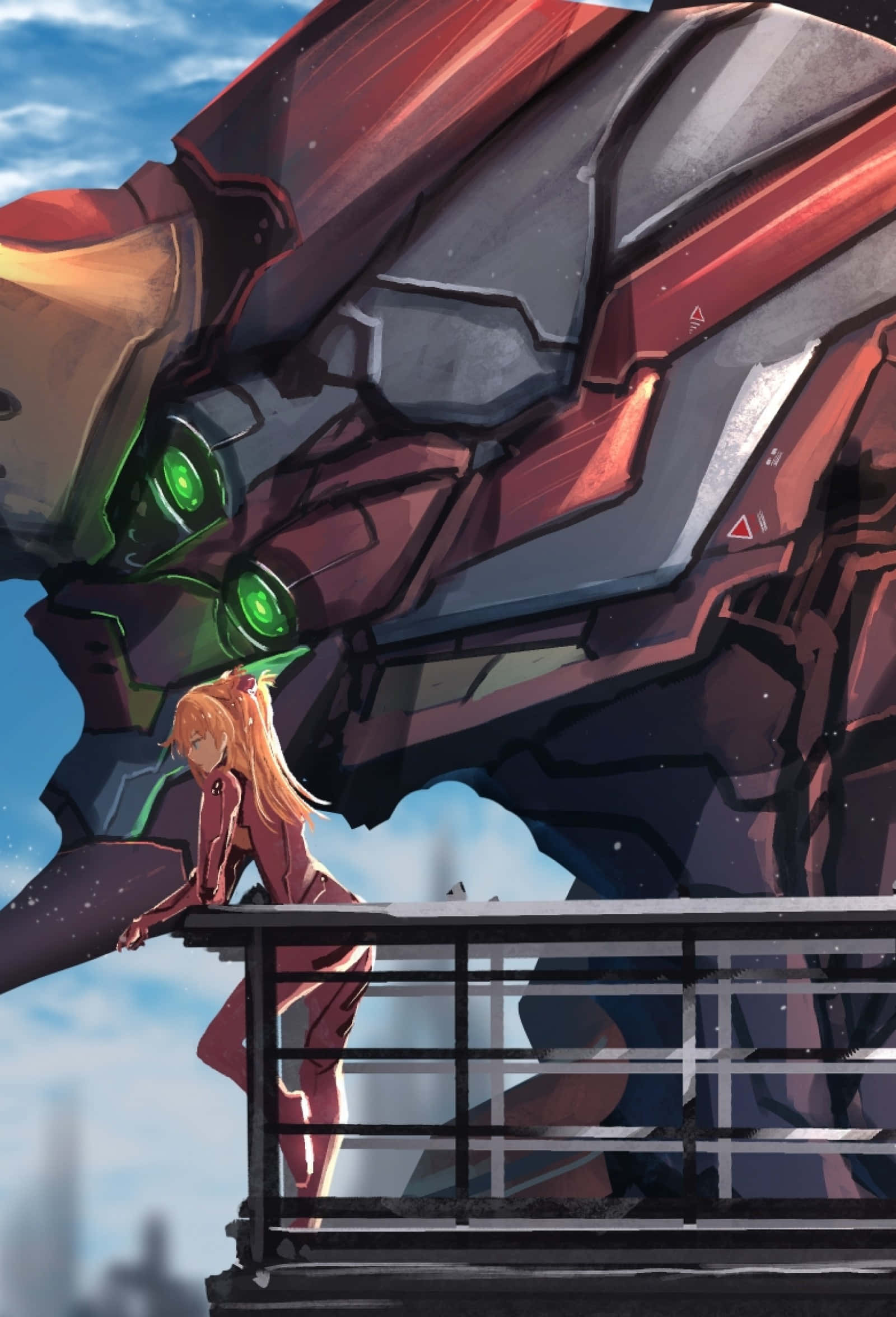 Eva-02, orange hair, colossal red and gray mecha, Full HD Phone Wallpaper