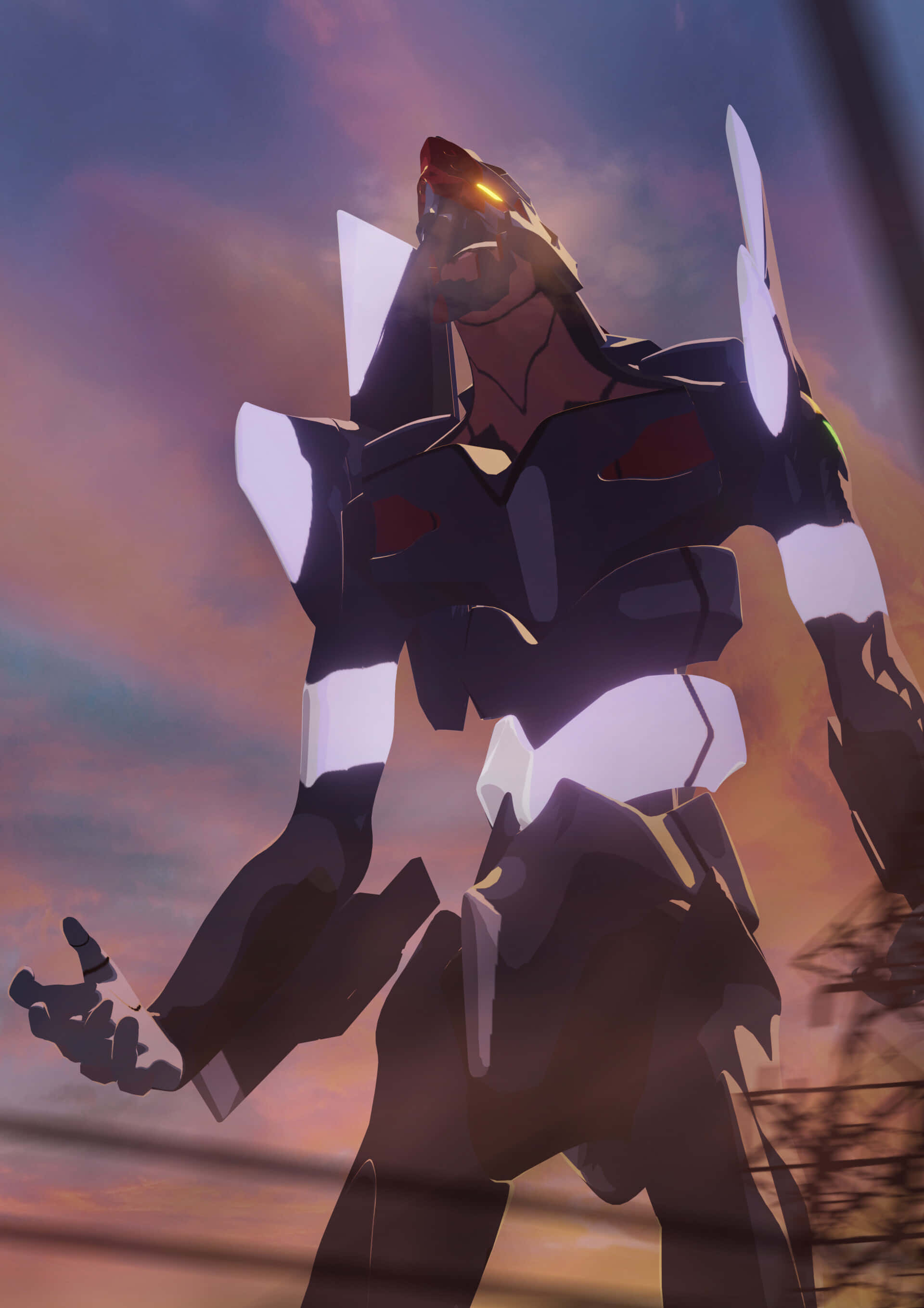 Eva-03, black and white mecha, vibrant sunset sky, 2K Phone Wallpaper