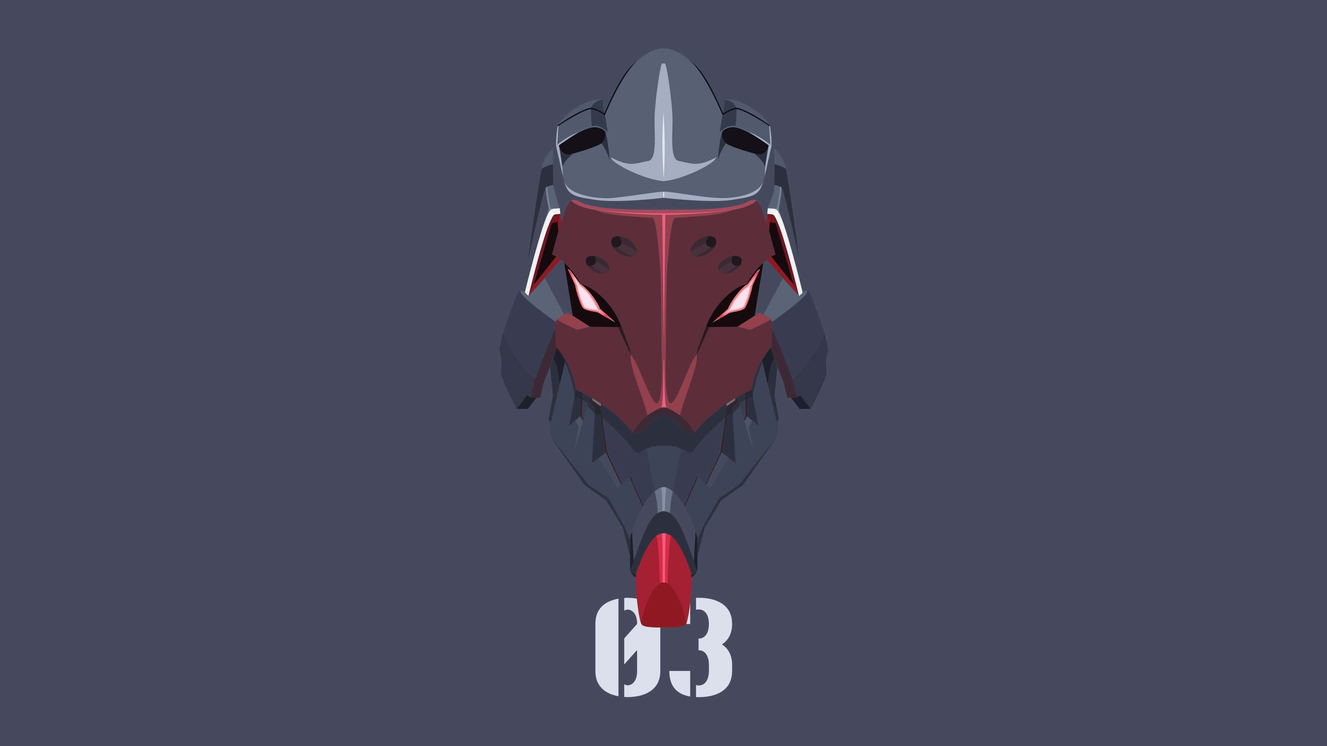 EVA-03, red and gray armored helmet, glowing eyes, 4K Desktop Wallpaper