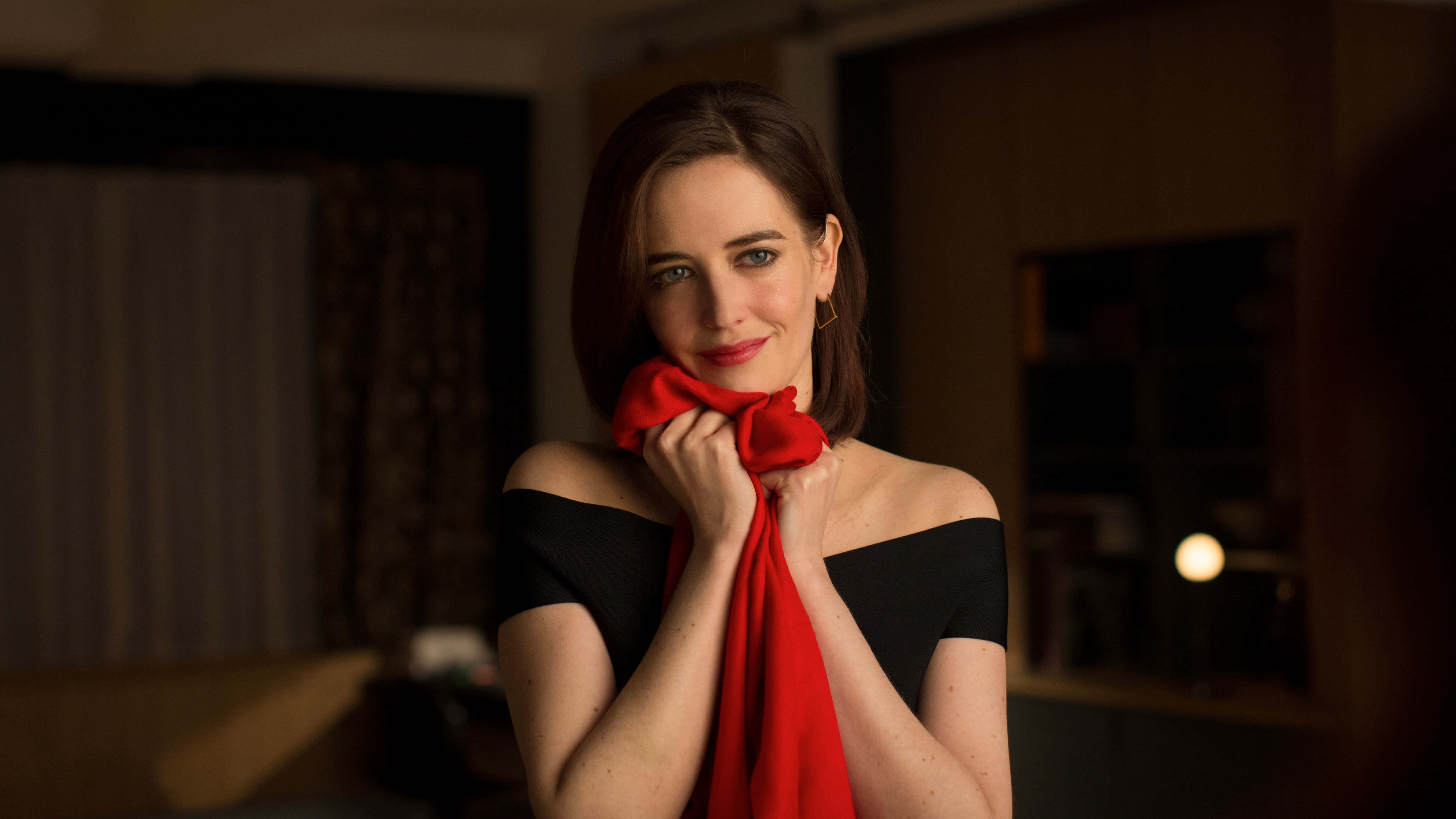 Eva Green, black off-shoulder dress, vibrant red scarf, 5K Desktop Wallpaper