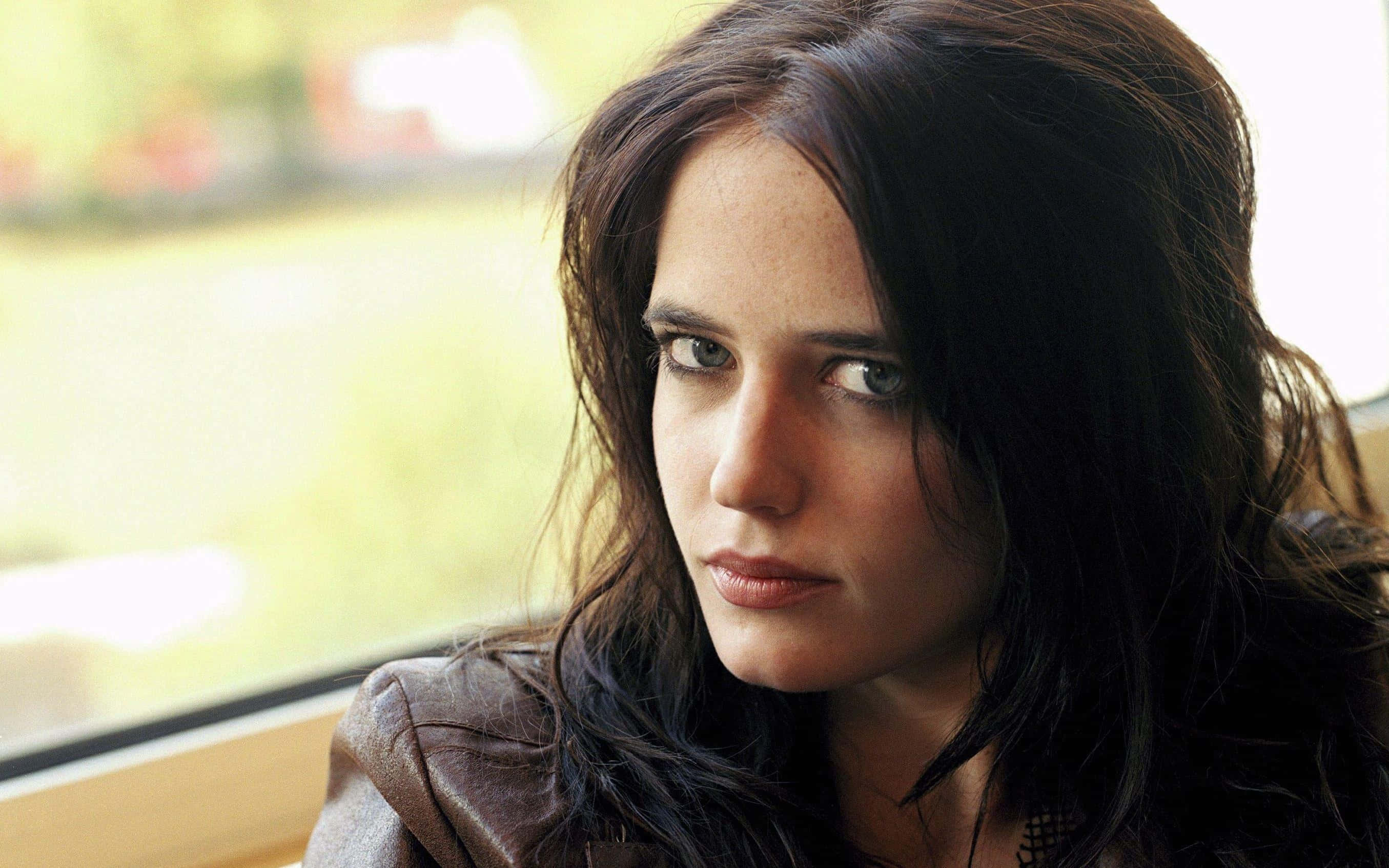 Eva Green, brown leather jacket, window, 2K Desktop Wallpaper