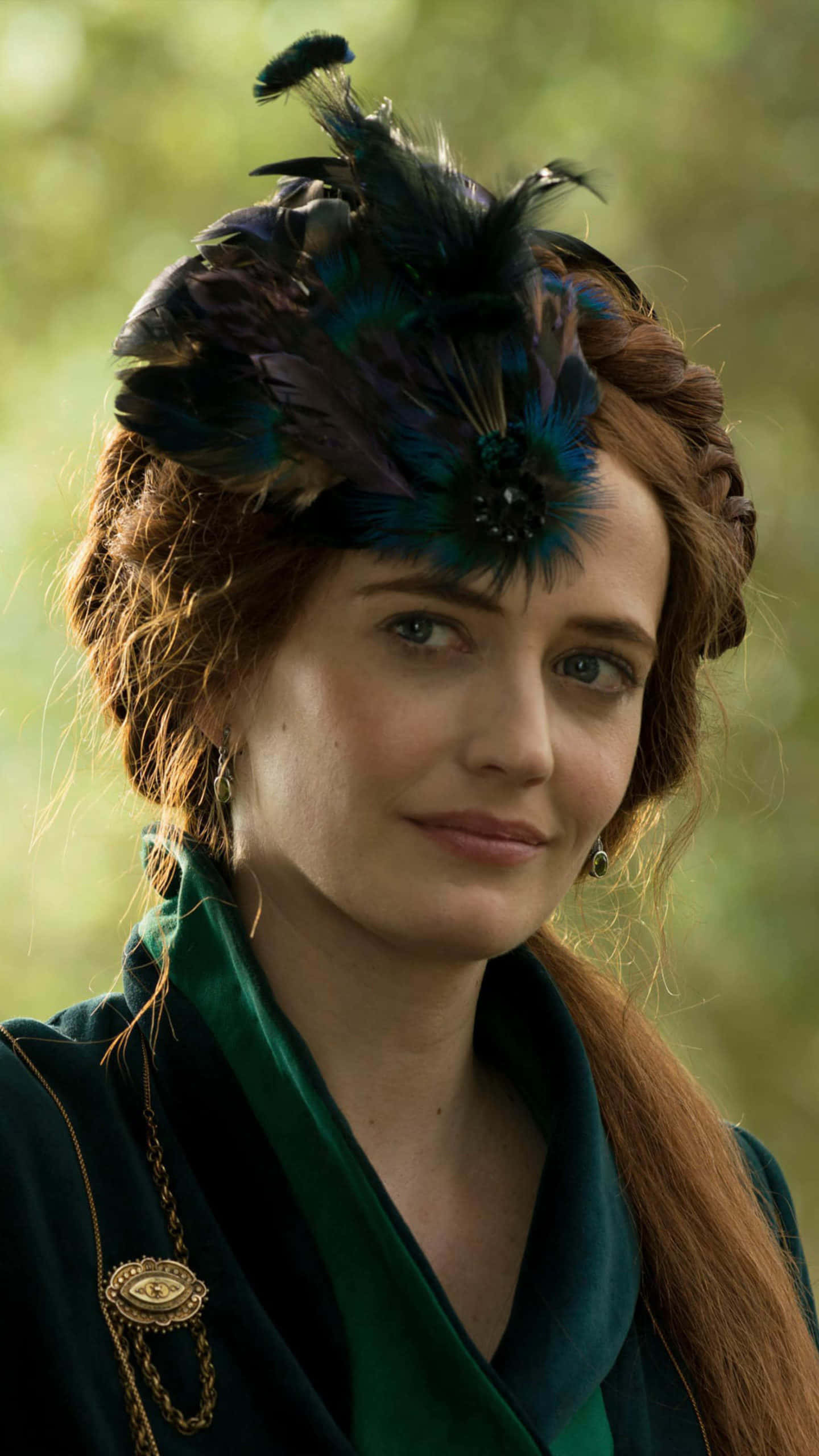 Eva Green, peacock feather headpiece, green velvet attire, 2K Phone Wallpaper