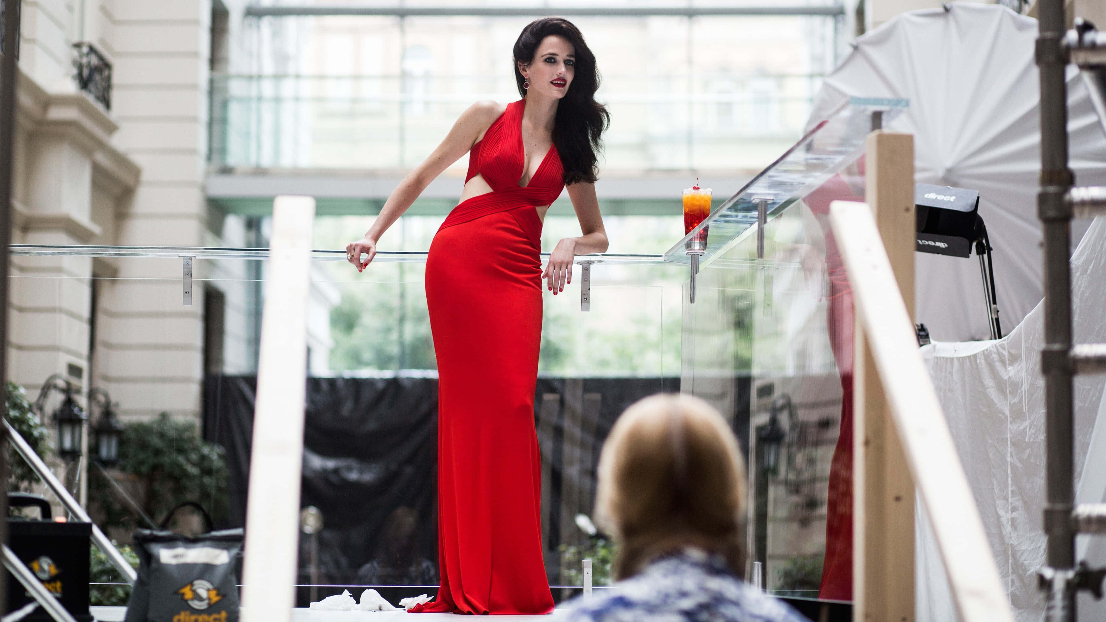 Eva Green, red gown, glass balcony, 4K Desktop Wallpaper