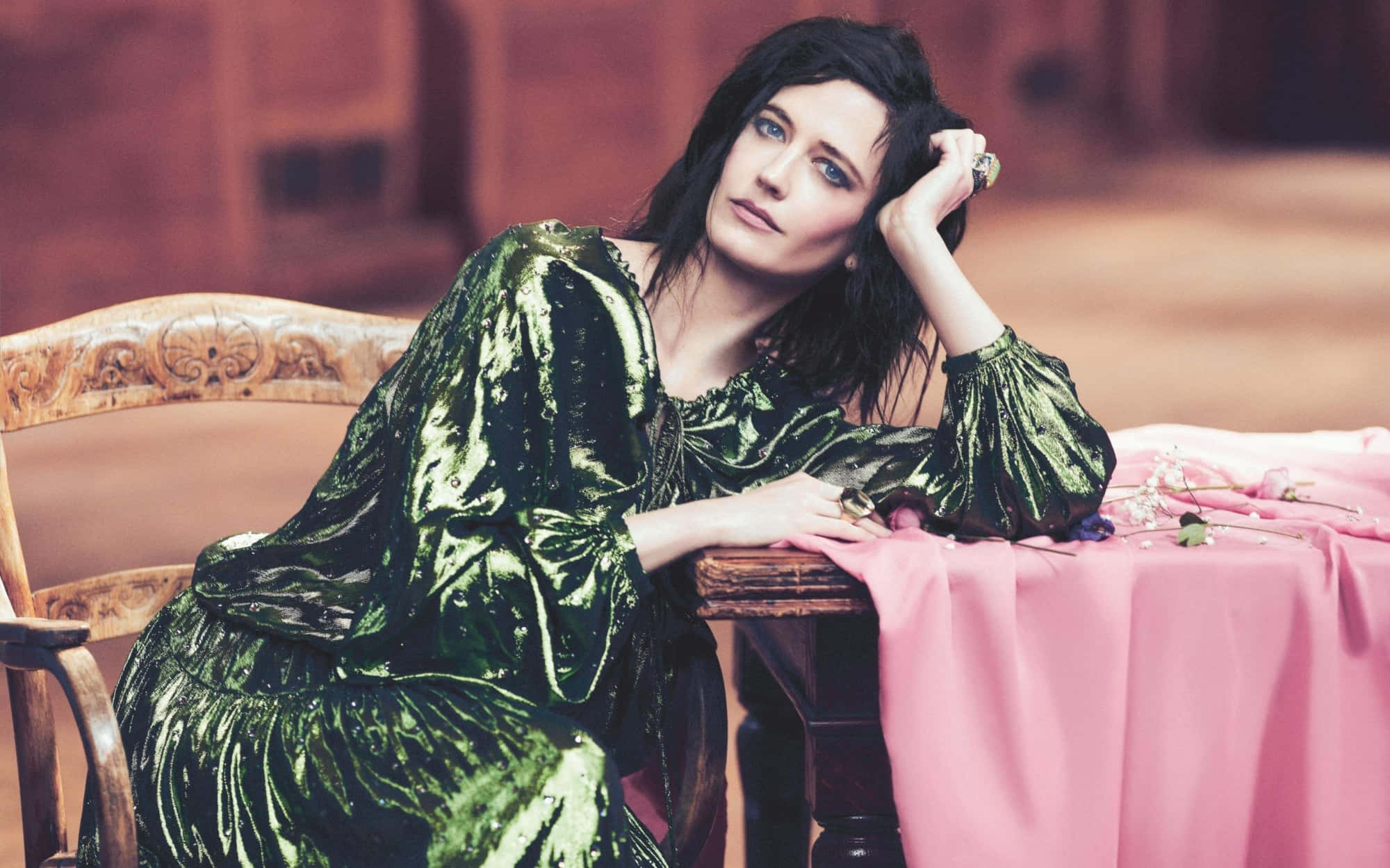 Eva Green, shimmering green velvet dress, pink draped table, Full HD Desktop Wallpaper