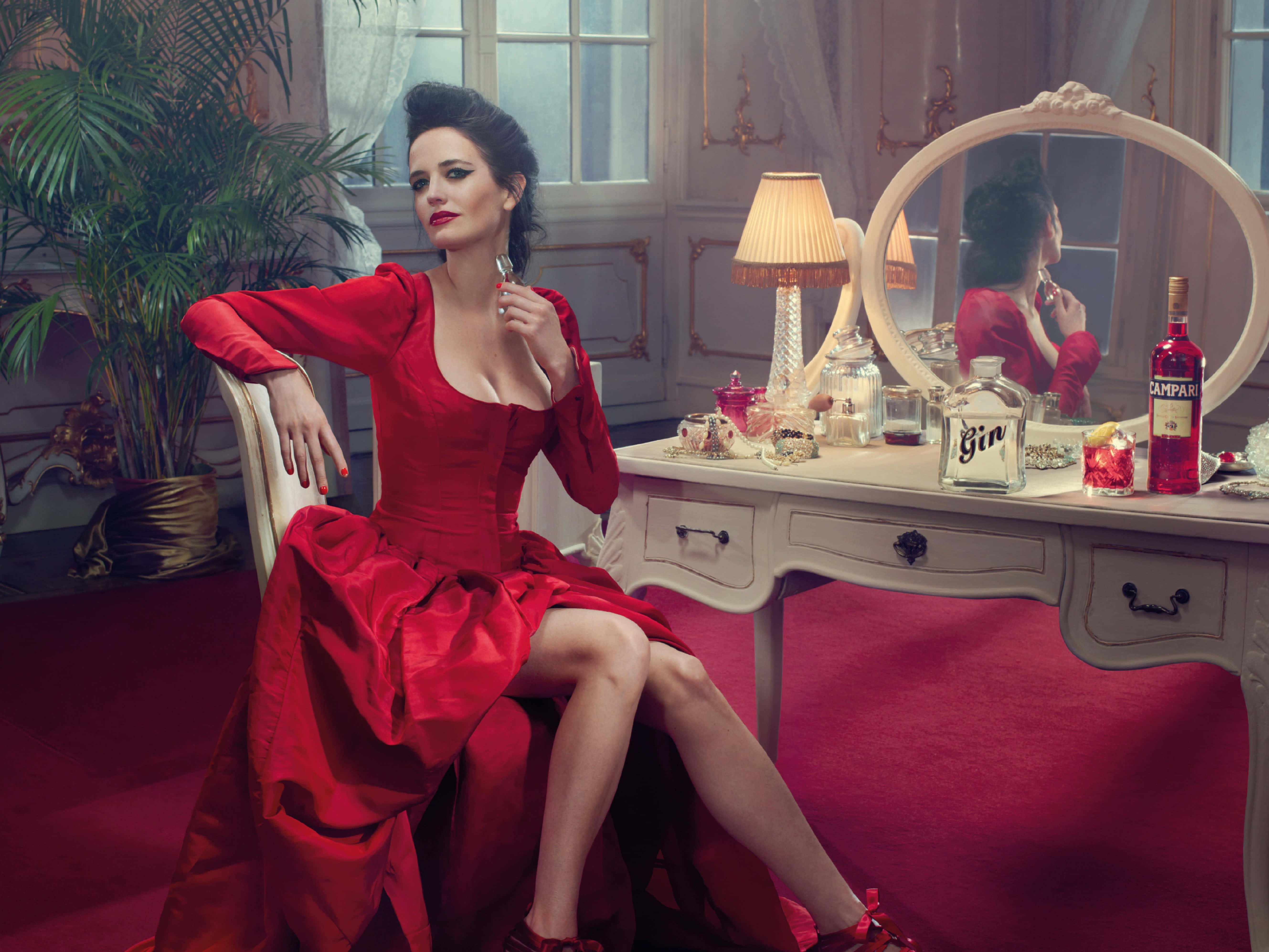 Eva Green, red satin dress, vintage room, 5K Desktop Wallpaper