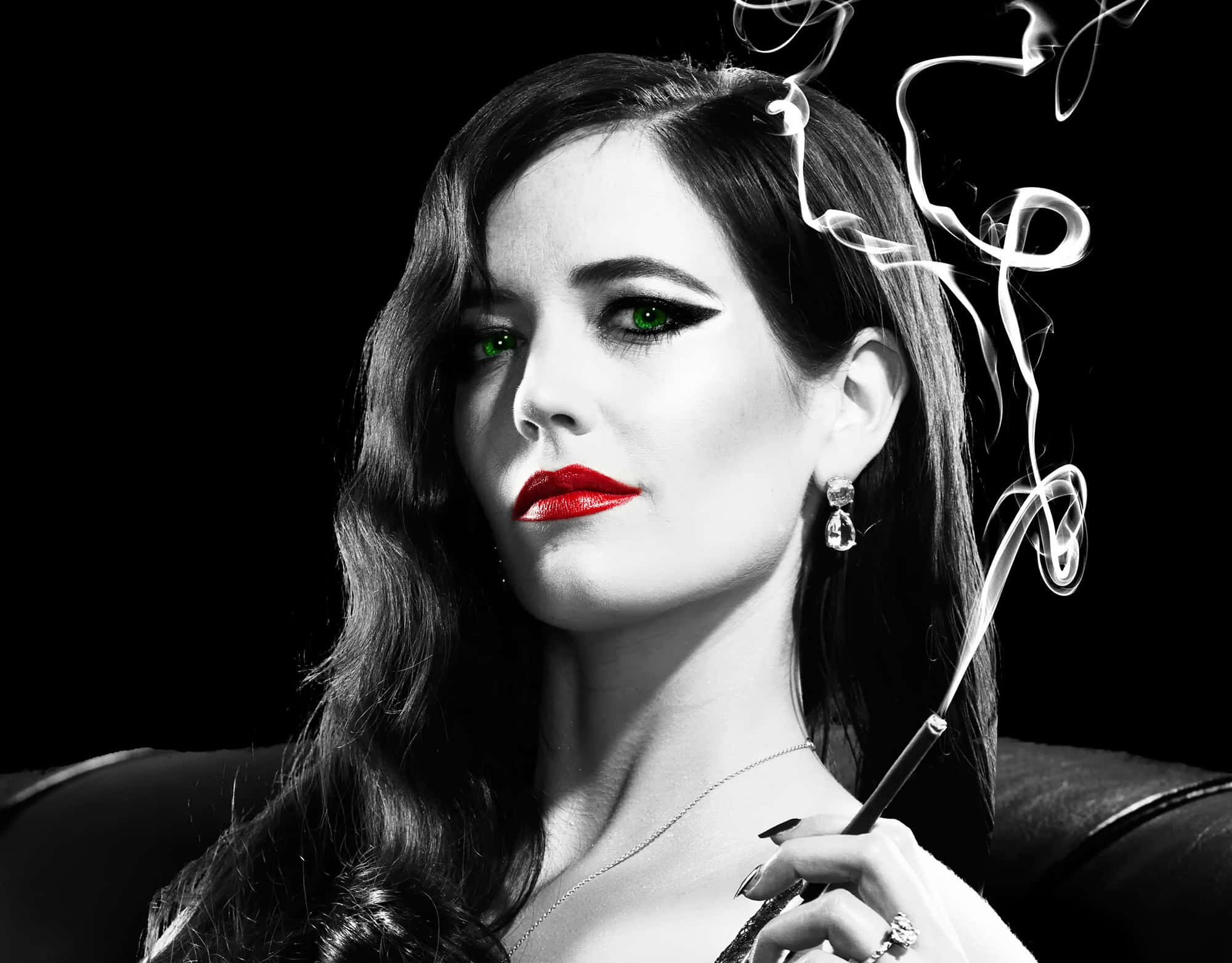 Eva Green, glowing green eyes, red lips, Full HD Desktop Wallpaper