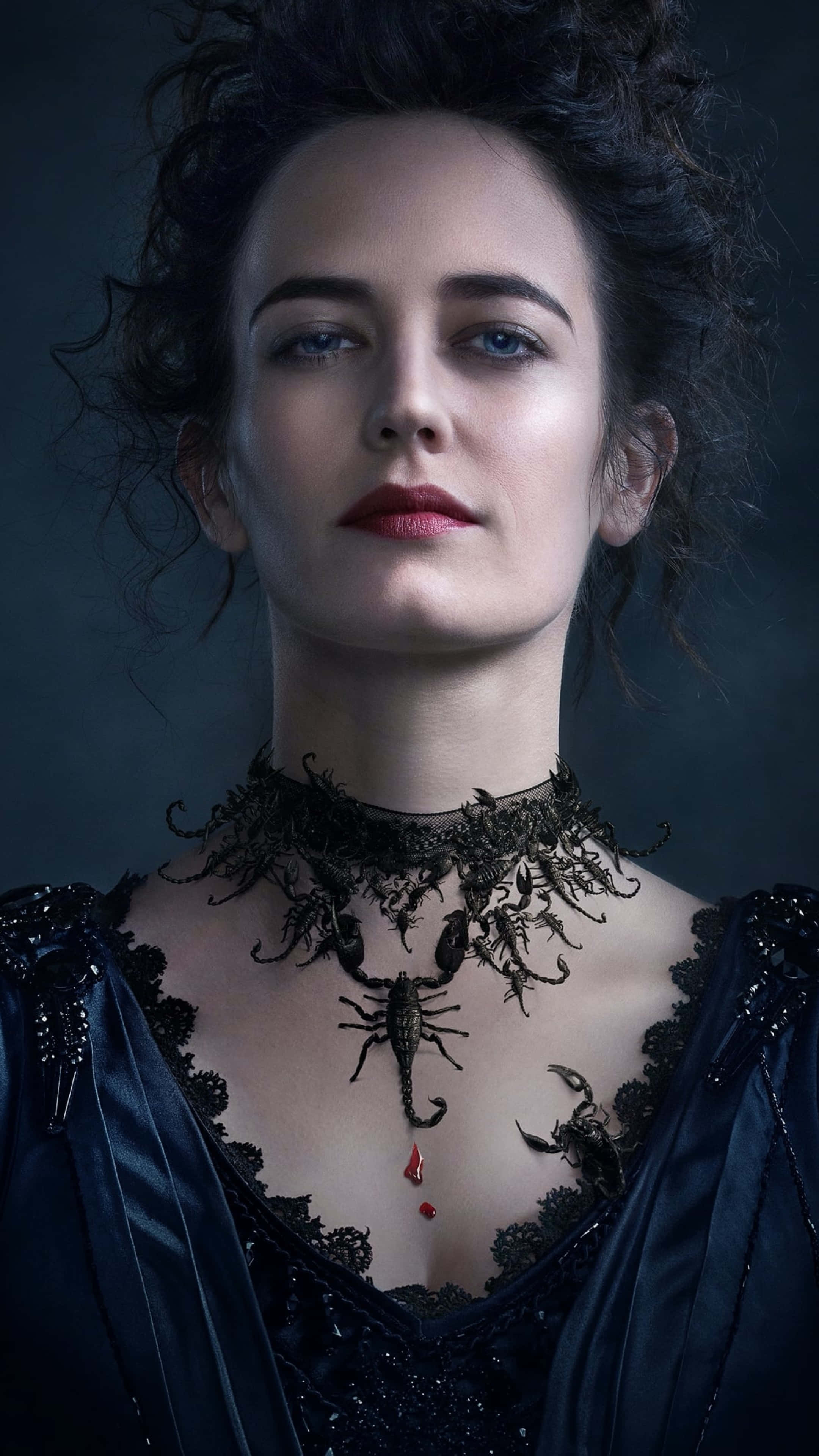 Eva Green, black scorpion necklace, dark curly hair, 4K Phone Wallpaper