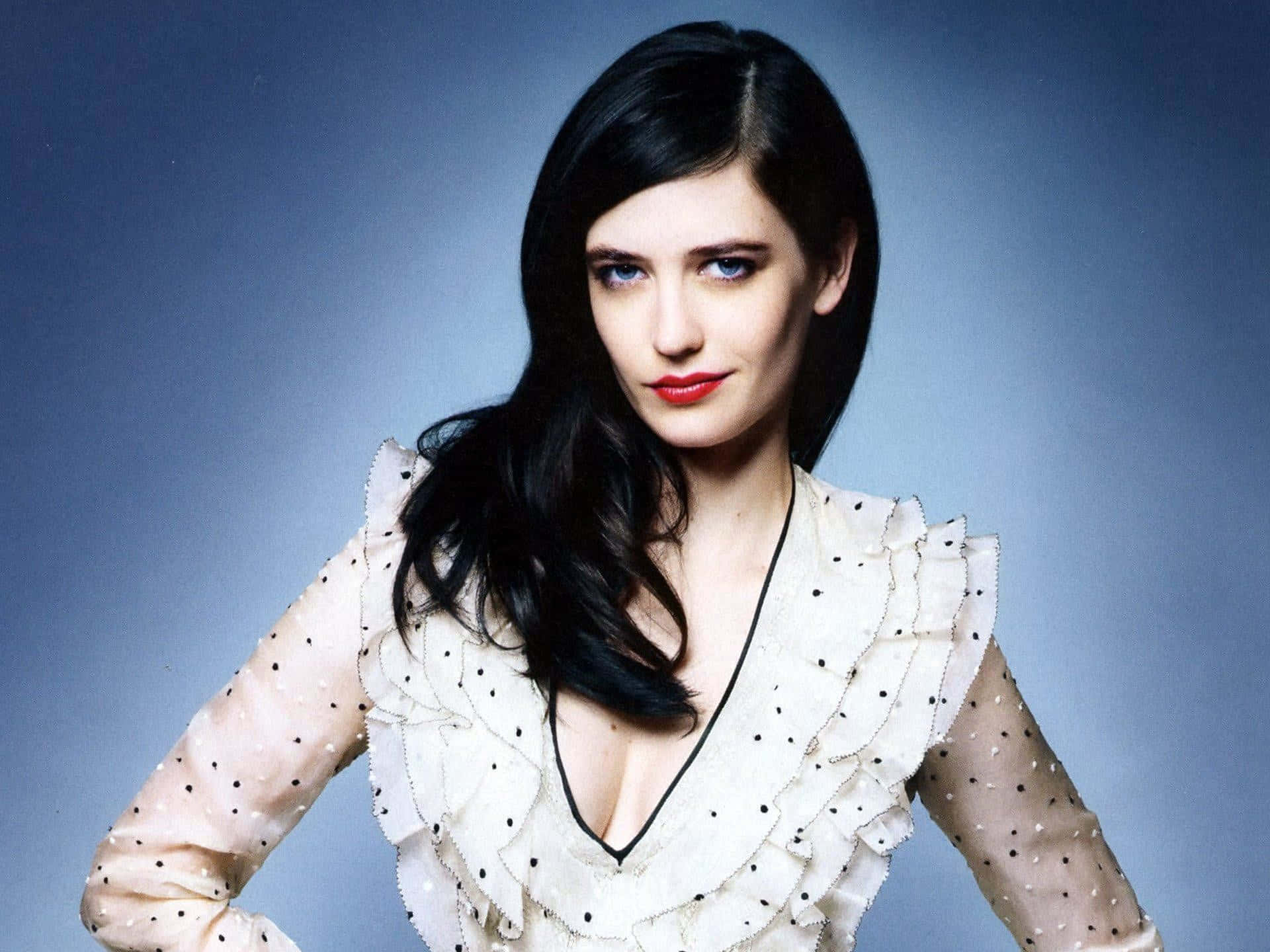 Eva Green, polka-dot ruffled top, gradient blue background, Full HD Desktop Wallpaper