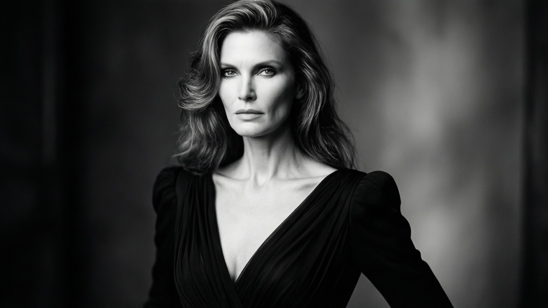 Eva Herzigova, black evening gown, black and white portrait, Full HD Desktop Wallpaper