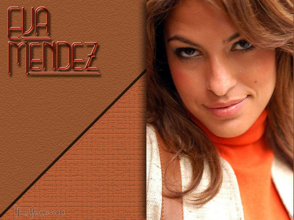 Eva Mendes, textured brown leather background, metallic lettering, SD Desktop Wallpaper