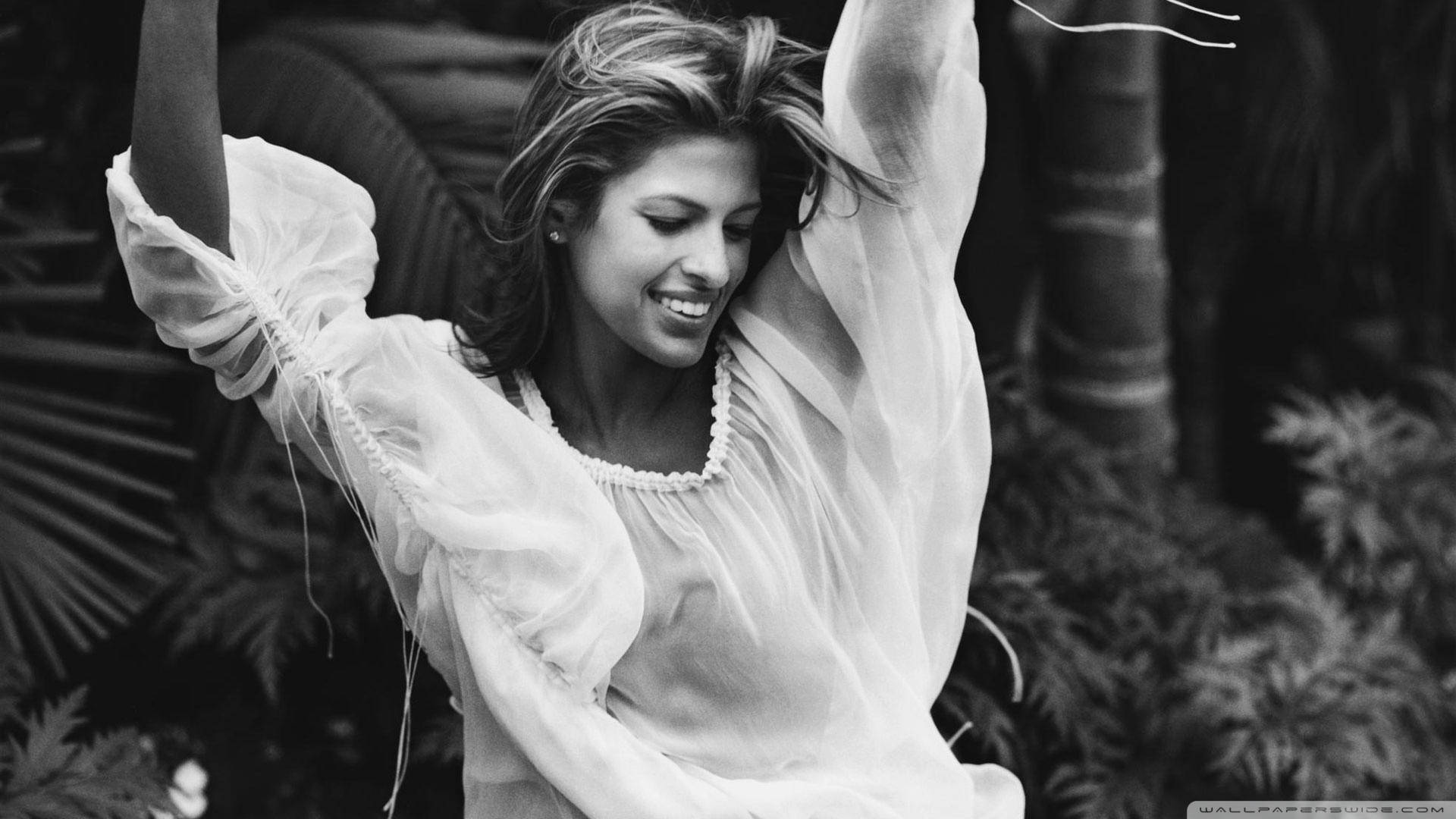 Eva Mendes, flowing white dress, lush tropical foliage, Full HD Desktop Wallpaper