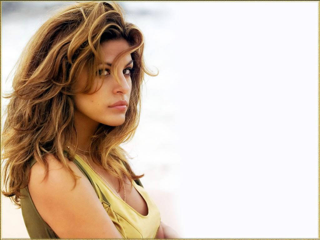 Eva Mendes, golden hair, bright white background, SD Desktop Wallpaper