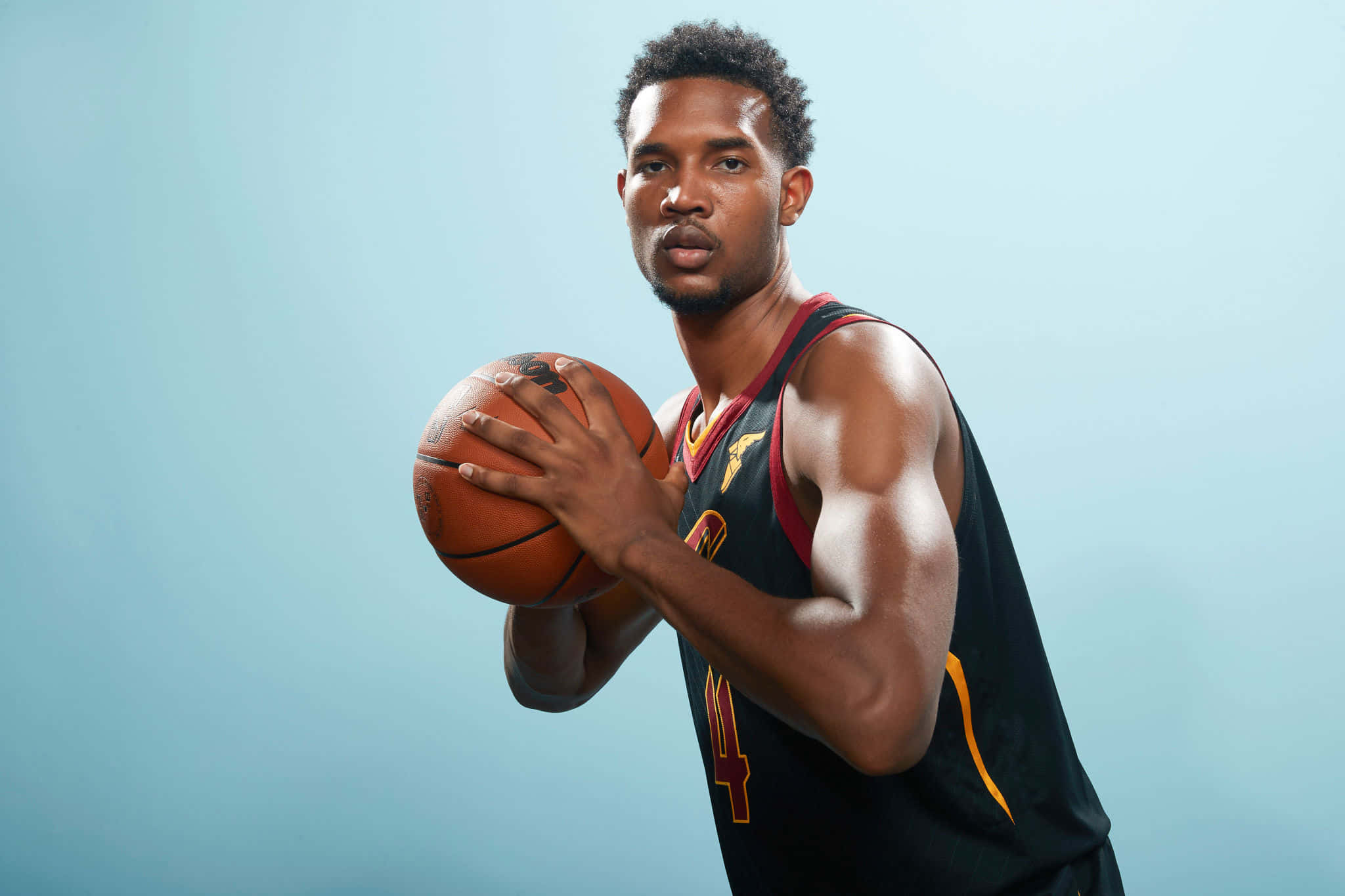 Evan Mobley, black jersey, light blue studio background, Full HD Desktop Wallpaper