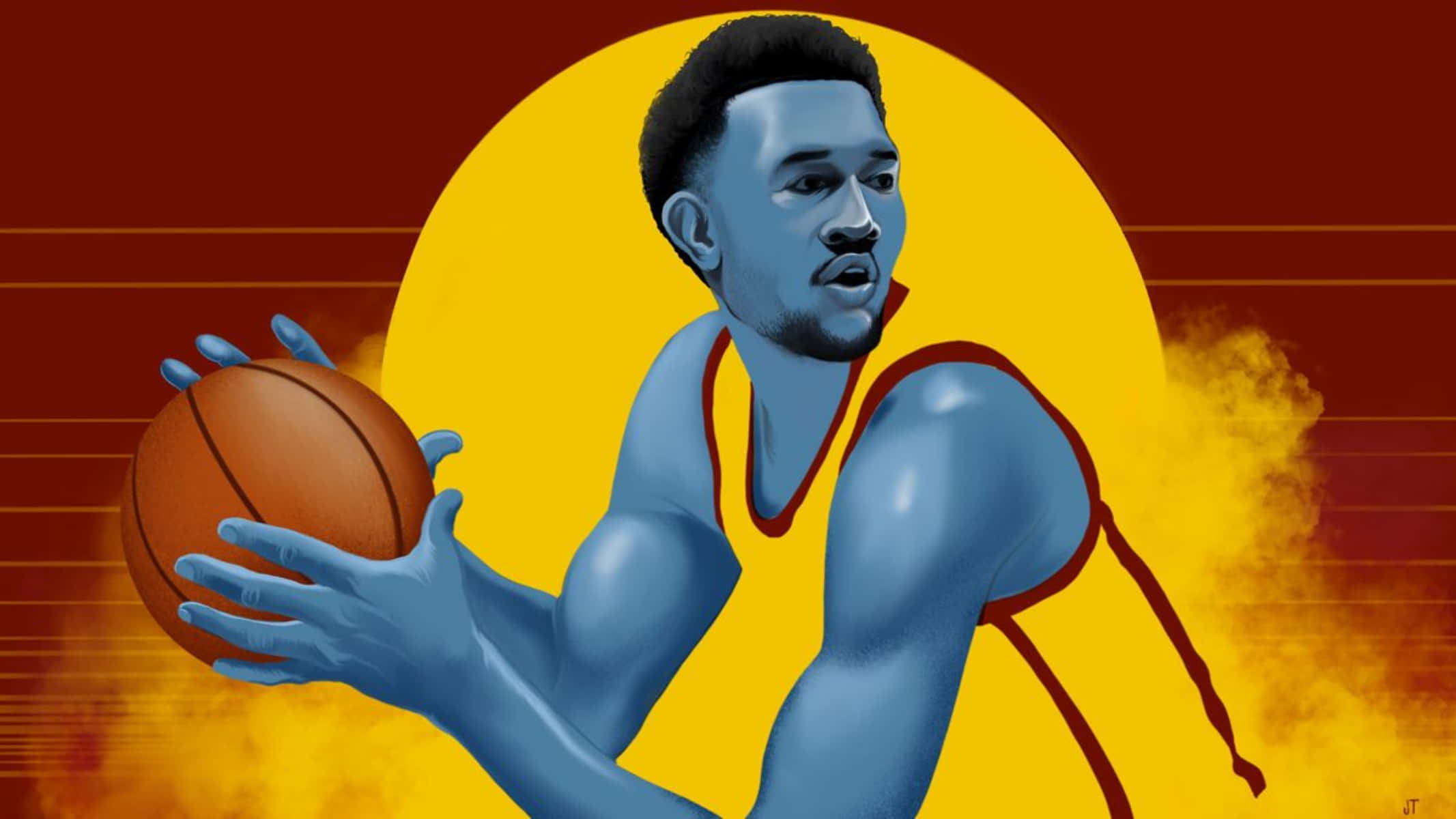 Evan Mobley, blue-skinned, yellow jersey, Full HD Desktop Wallpaper