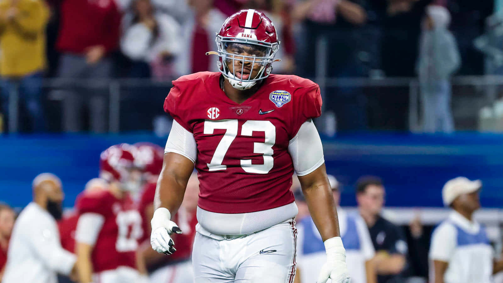 Evan Neal, crimson jersey, number 73, HD Desktop Wallpaper