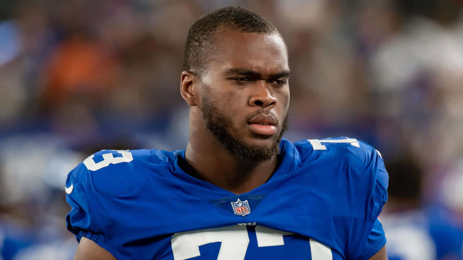Evan Neal, NFL football player, blue jersey, HD Desktop Wallpaper